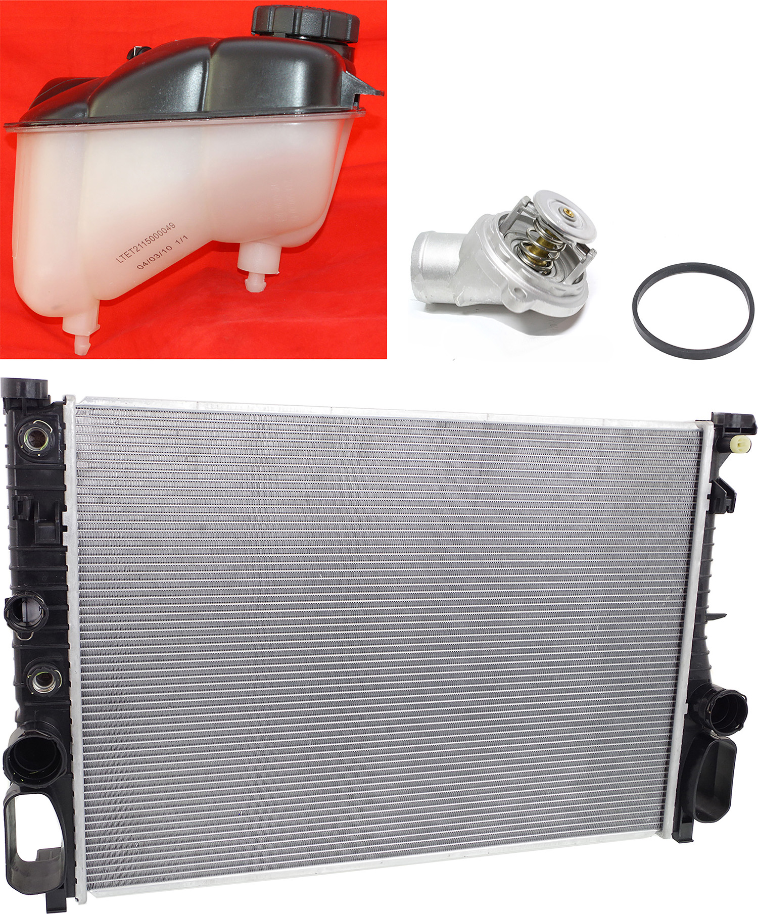AM E320-03-05 RADIATOR 3 pc kit 6 Cyl 3.2L w Coolant Reservoir Water Outlet SKU KIT 052623-74 OEM 2115000102-2115000049-11220302