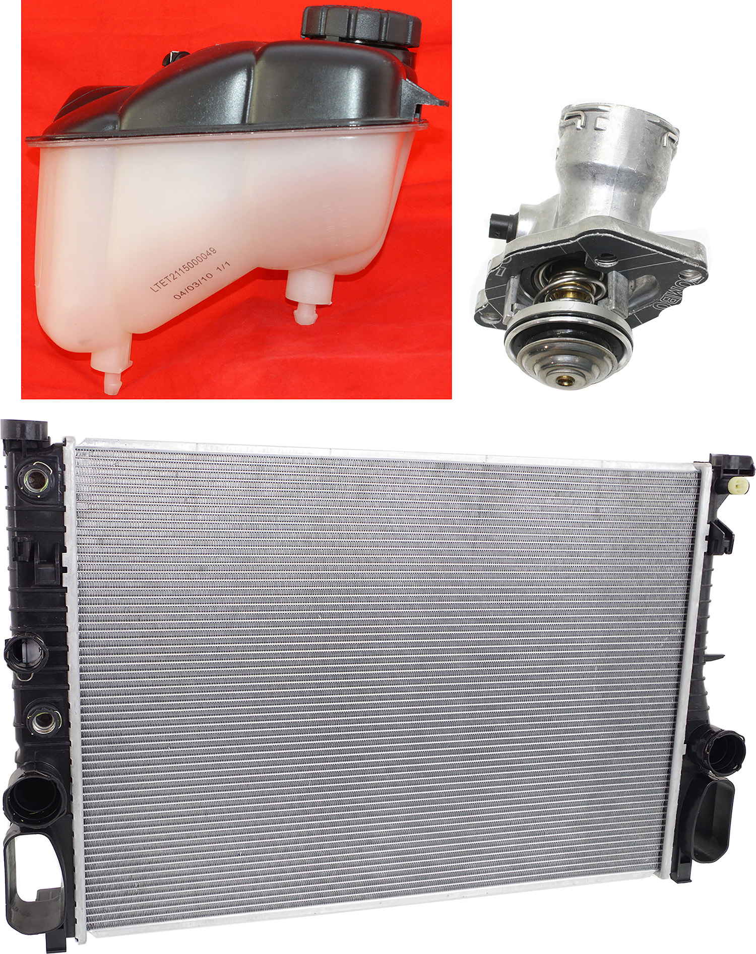 AM E350-06-09 RADIATOR 6 Cyl 3.5L Engine 3 pc kit w Coolant Reservoir Water Outlet SKU KIT 052623-75 OEM 2115000102-2115000049-27220001