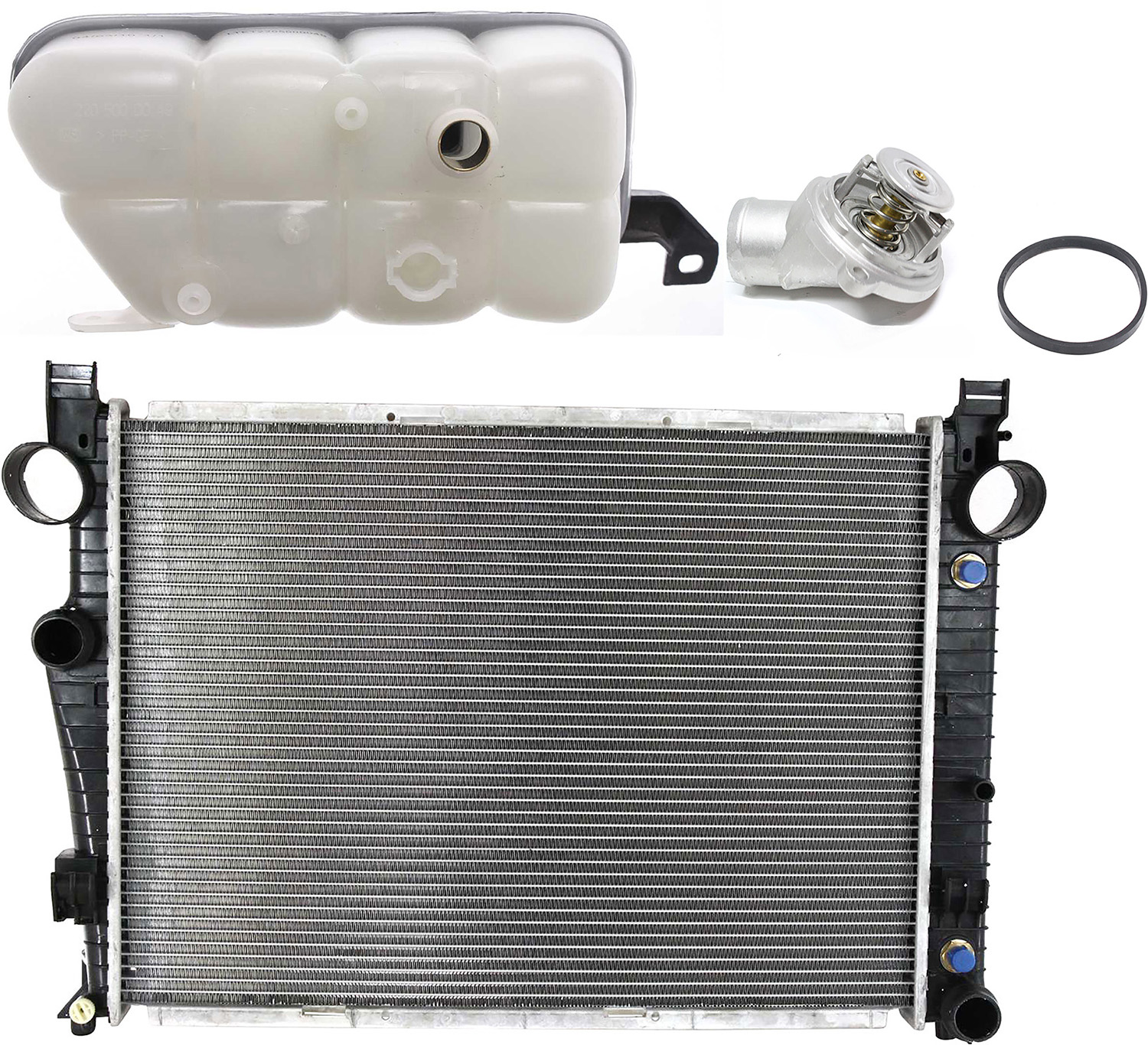 AM S430 S500-00-06 RADIATOR 3 pc kit 6 Cyl 3.7L 8 Cyl 4.3L 5.0L 5.5L w Coolant Reservoir Water Outlet SKU KIT 052623-77 OEM 2205000903-2205000049-11220302