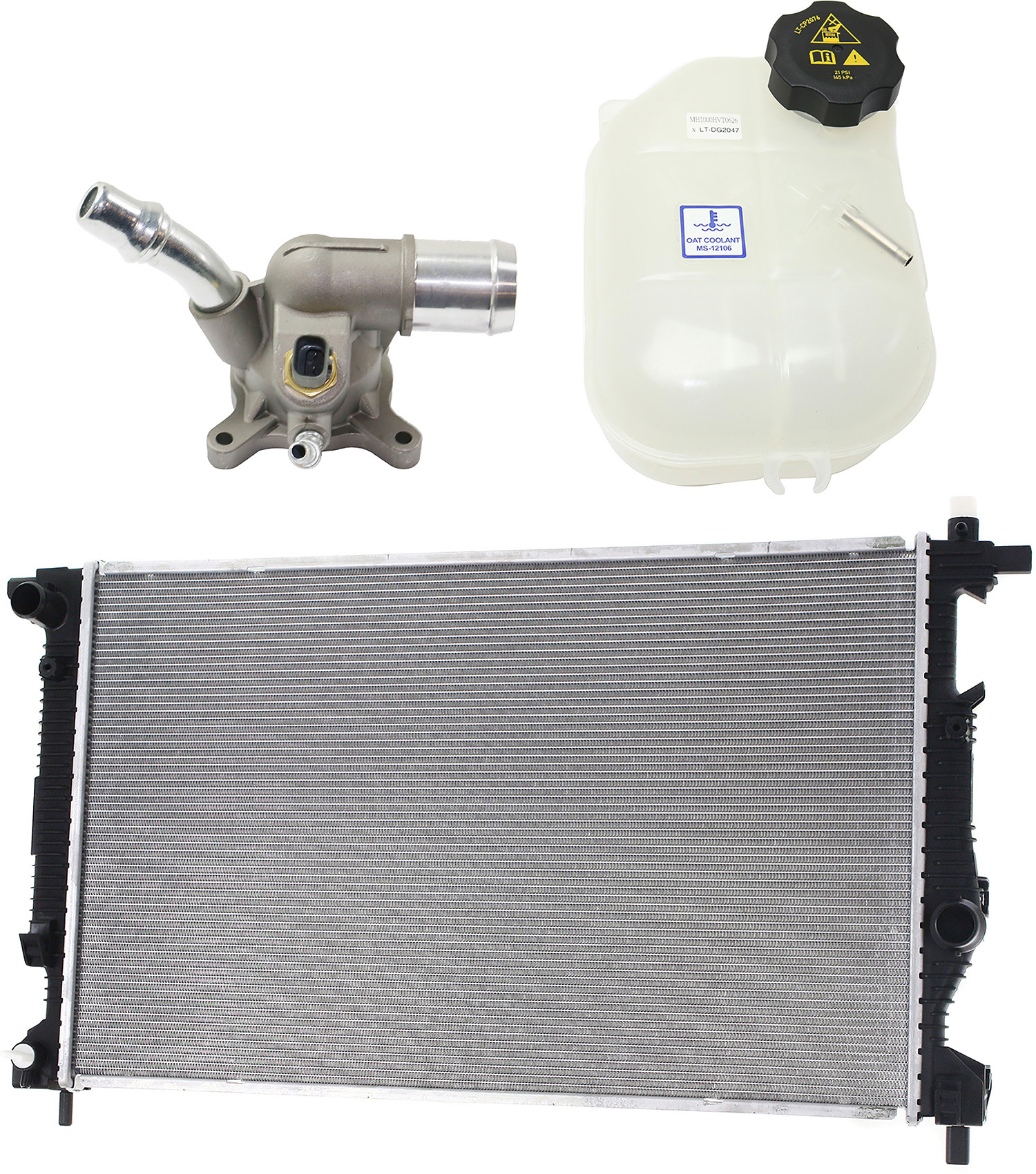 AM DART 13-16 RADIATOR 3 pc kit 2.4L w Thermostat and Coolant Reservoir SKU KIT 052623-90 Partslink CH3010361 CH3014163 OEM 55111483AC 55111471AE PFM 5047