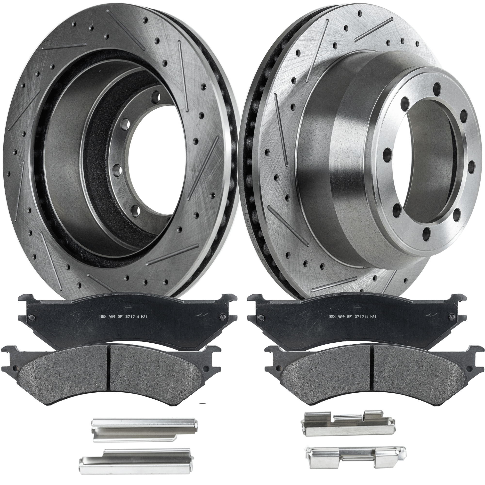 AM E 350 ECONOLINE CLUB WAGON 99-02 REAR BRAKE DISC AND PAD KIT 2 Wheel Set Cross drilled and Slotted SKU KIT 052721-103 OEM 66834FZN 2C2Z2200AA 6C2Z2200C