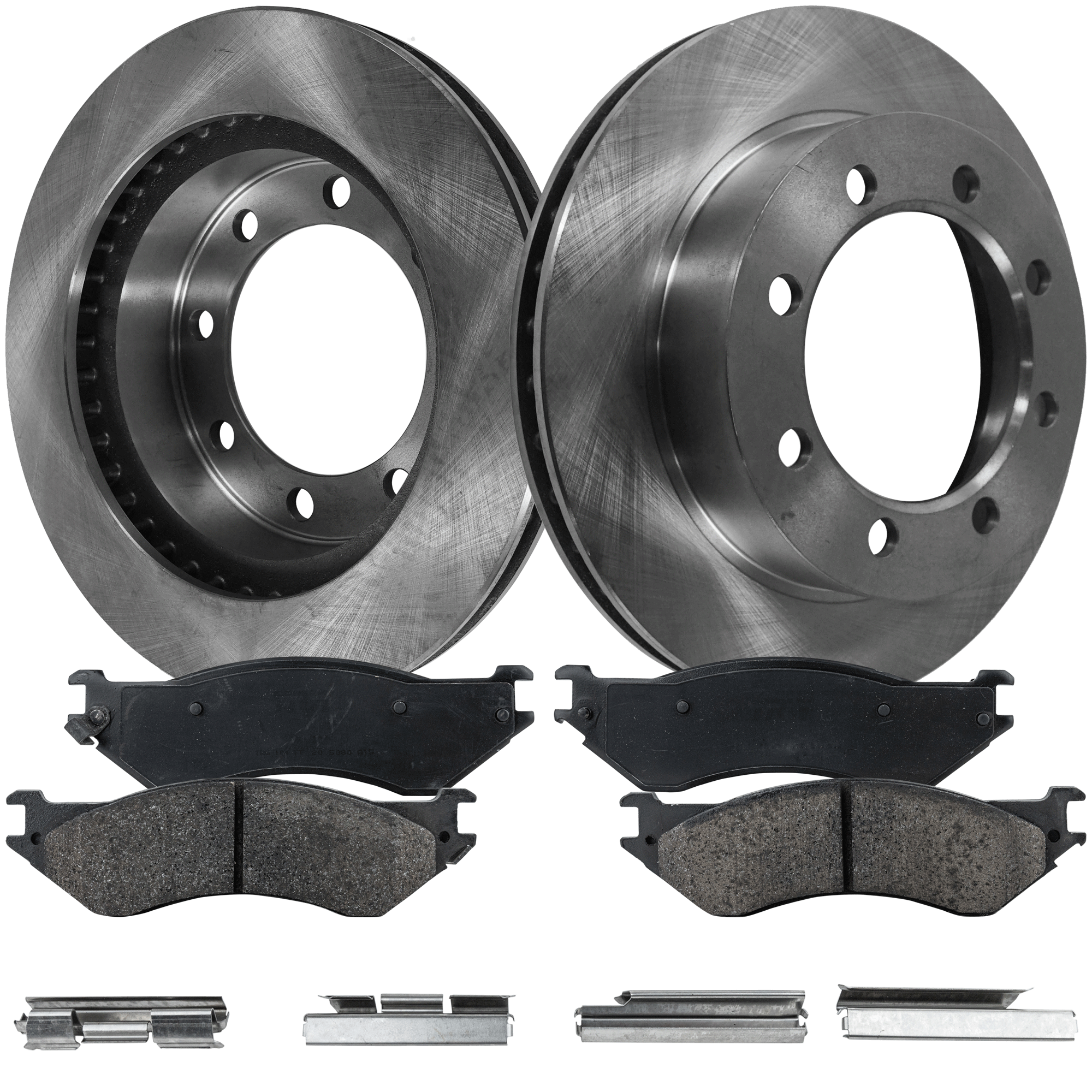AM F 250-97-99 F 250 HD 97-97 FRONT BRAKE DISC AND PAD KIT 4 pc Kit SKU KIT 052721-153 OEM F5TZ1102A F5TZ1102B F75Z2001AA