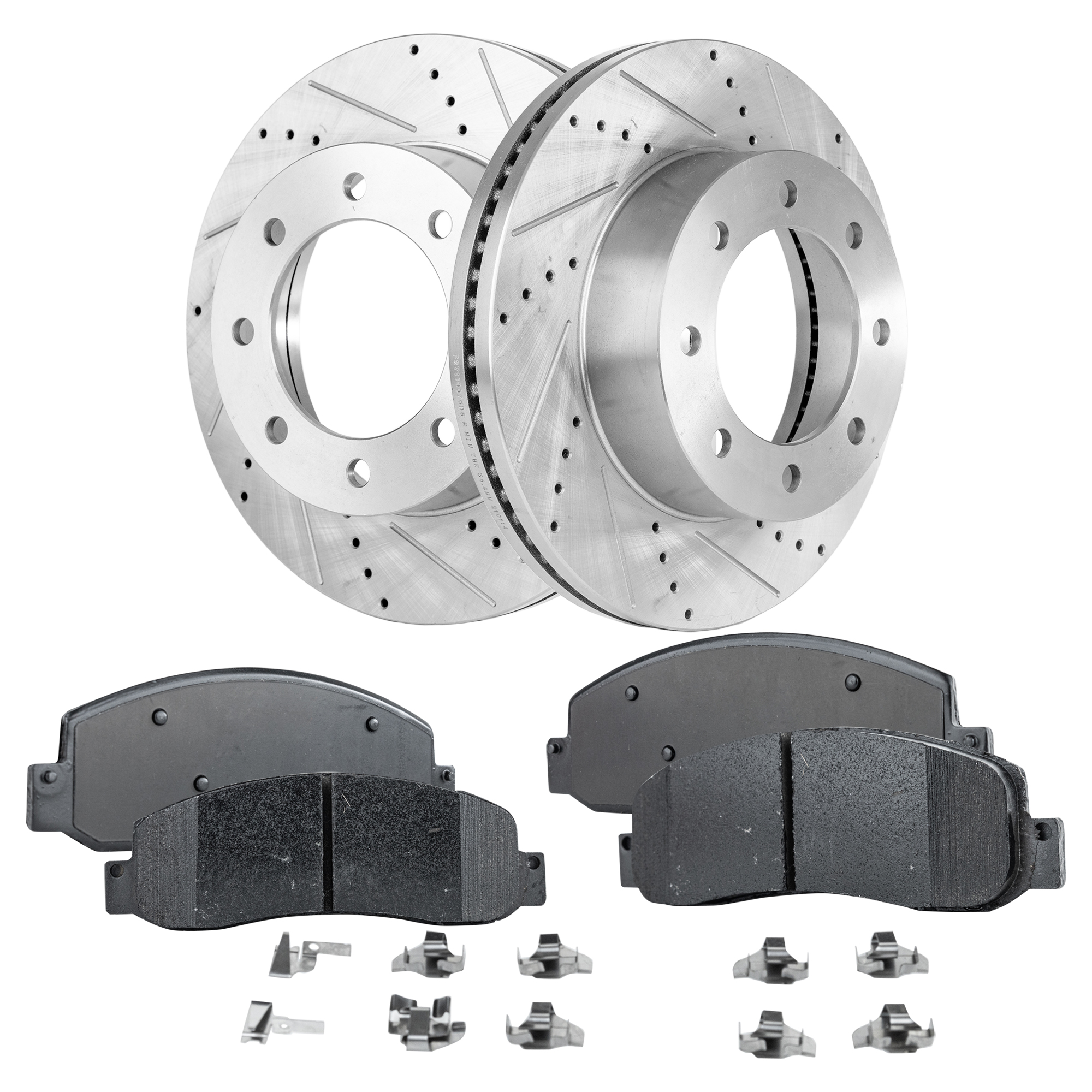 AM F 350 SUPER DUTY 12-12 FRONT BRAKE DISC AND PAD KIT 4 pc Kit Cross drilled and Slotted SKU KIT 052721-62 OEM 42292-681016-850349-60054223-6