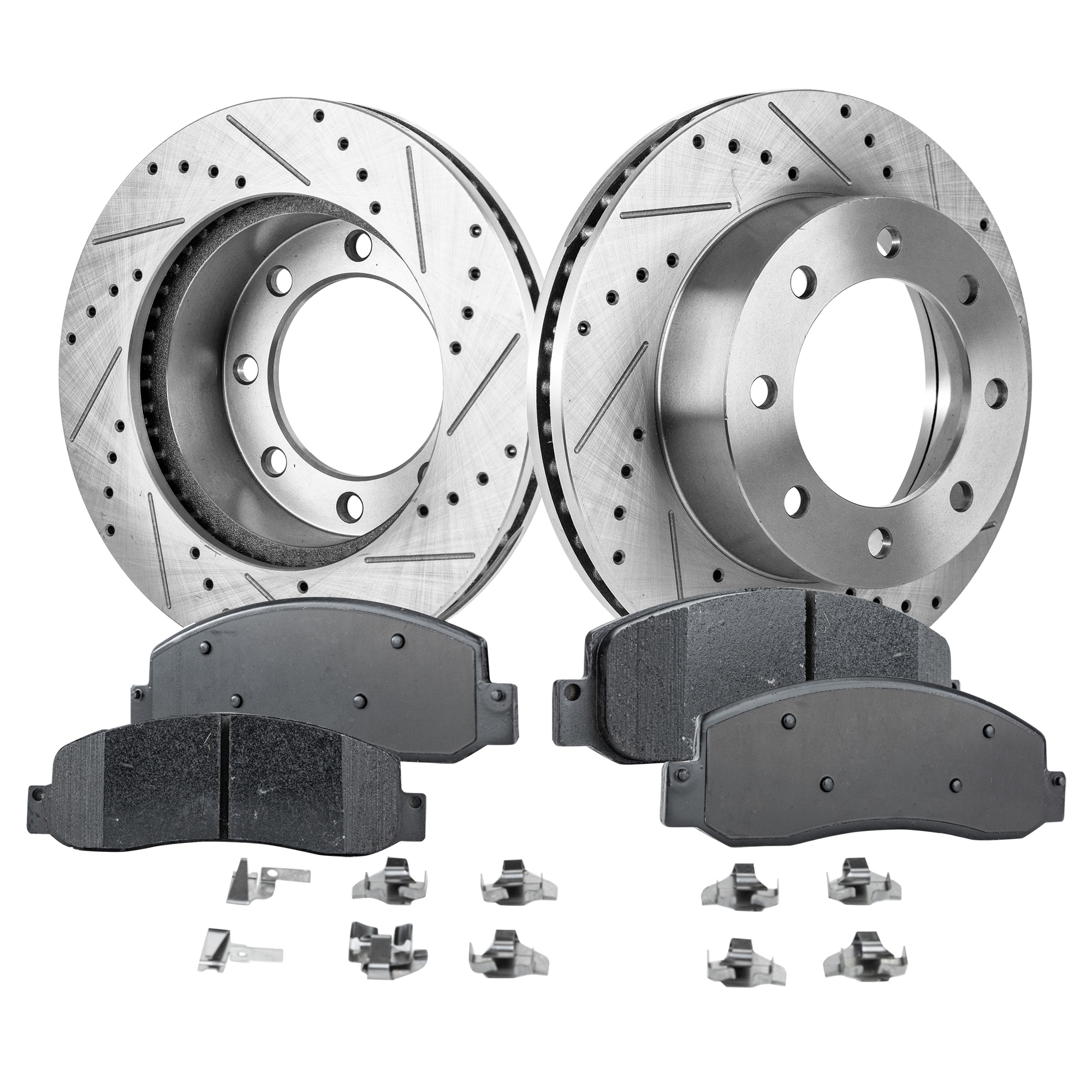 AM F 250 F 350 SUPER DUTY 10-12 FRONT BRAKE DISC AND PAD KIT 2 Wheel Set Cross drilled and Slotted SKU KIT 052721-64 OEM 541-246-802-805-212-000-000-000-000