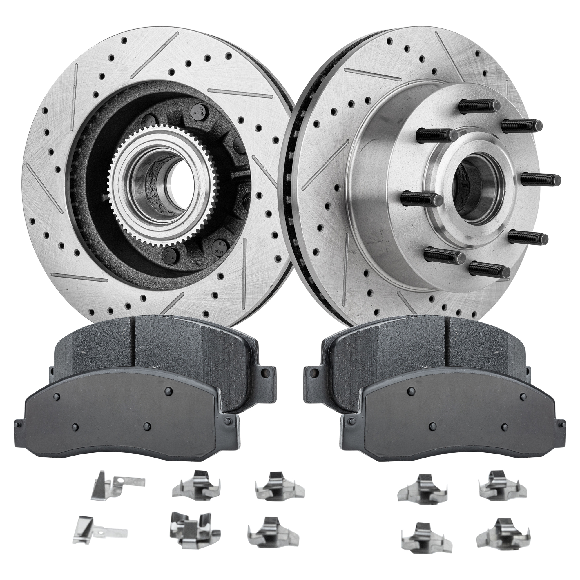 AM F 250 SUPER DUTY 08-11 F 350 SUPER DUTY 08-12 FRONT BRAKE DISC AND PAD KIT 4 pc Kit Cross drilled and Slotted SKU KIT 052721-65 OEM 42259-54160-60411-850066-90036
