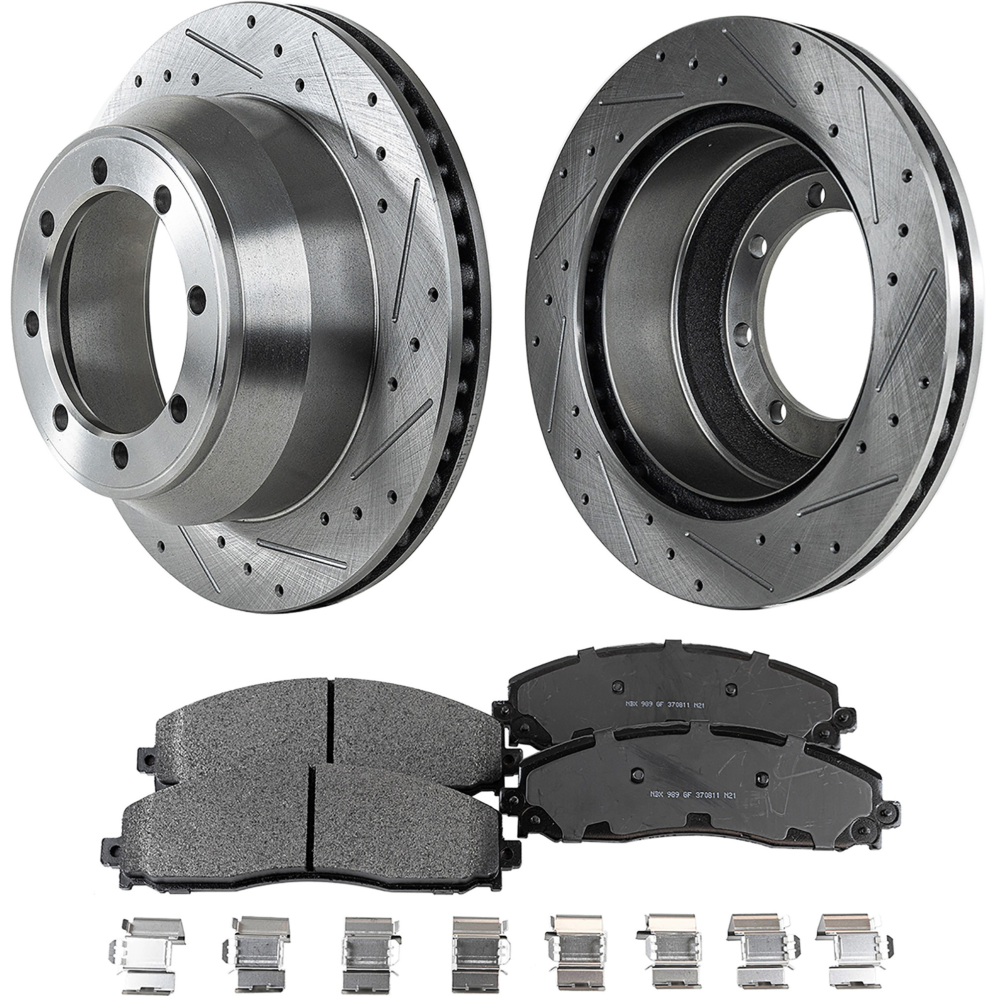 AM F 250 F 350 SUPER DUTY 13-23 REAR BRAKE DISC AND PAD KIT 4 pc kit Cross drilled and Slotted SKU KIT 052721-68 OEM 42293-681778-850348-60054227-6