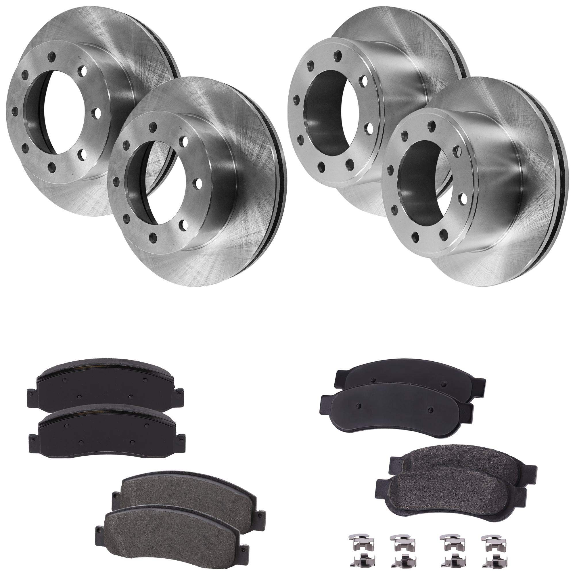 AM F 250 SUPER DUTY F 350 SUPER DUTY 10-12 FRONT AND REAR BRAKE DISC AND PAD KIT 4 Wheel Set Plain Surface SKU KIT 052721-88 OEM 6C3Z2C026AA 5C3Z2C026AB 9C3Z2C