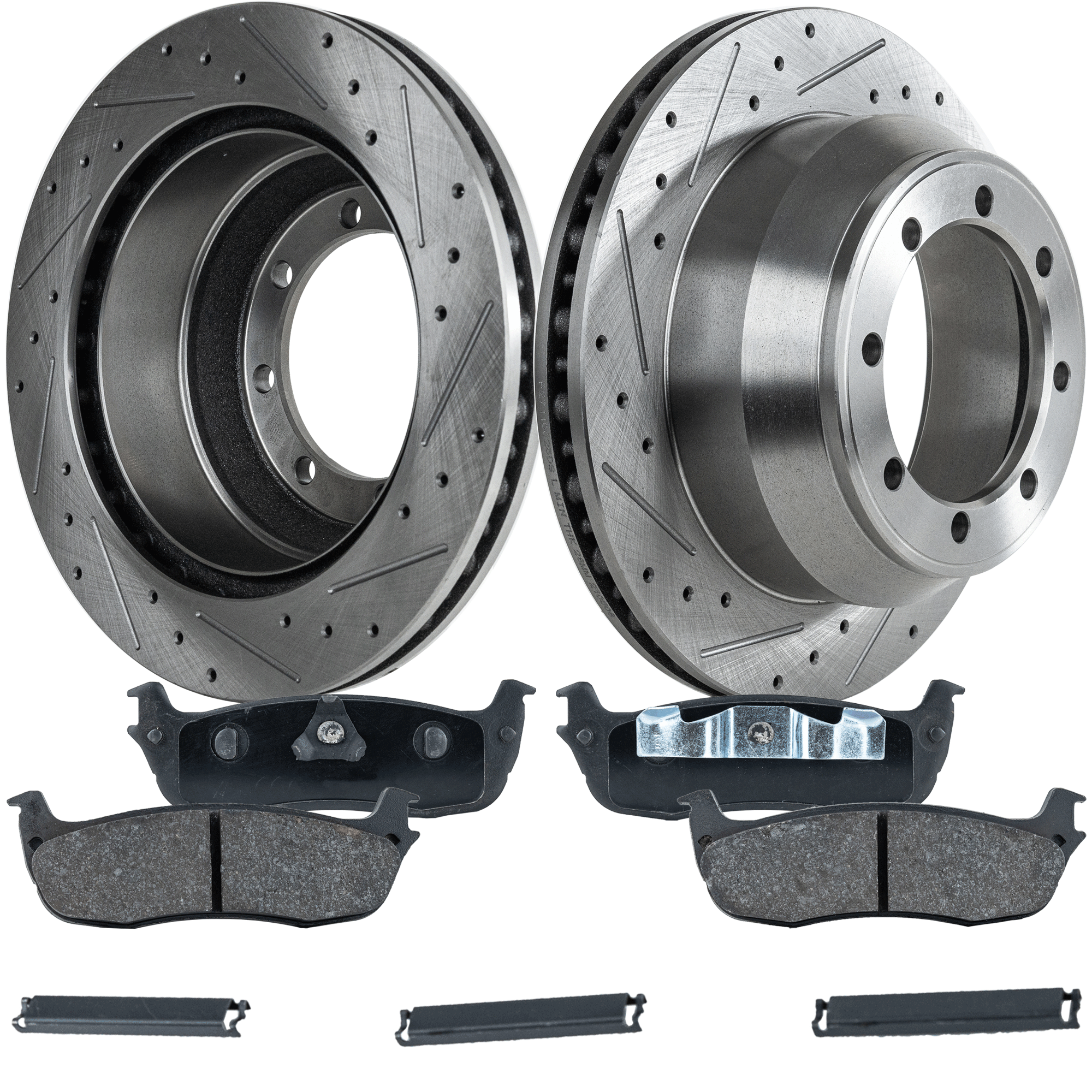 AM F 150-02-03 REAR BRAKE DISC AND PAD KIT 2 Wheel Set Cross drilled and Slotted SKU KIT 052721-91 OEM 66834FZN F75Z2200BA 3W1Z2200BA