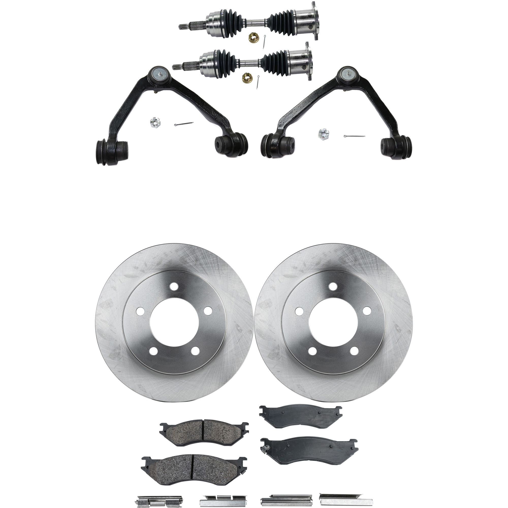 AM EXPEDITION NAVIGATOR 99-02 FRONT CV AXLE ASSEMBLY RH AND LH 8 pc kit with Brake Discs Brake Pad Set and Control Arms SKU KIT 052722-018 OEM YL1Z1125AA F75Z2001AA F75Z2001