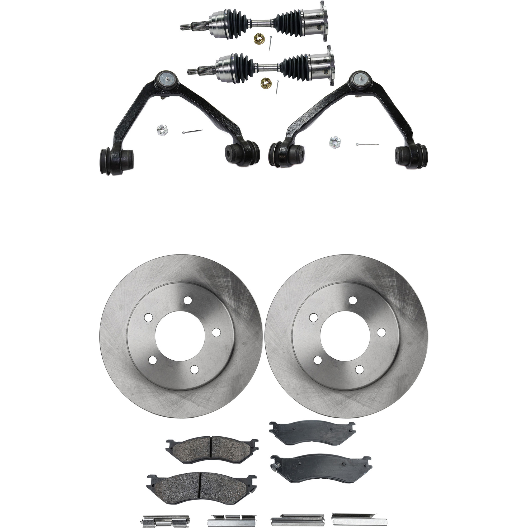 AM EXPEDITION 97-00 NAVIGATOR 98-00 FRONT CV AXLE ASSEMBLY RH AND LH 8 pc kit with Brake Discs Brake Pad Set and Control Arms SKU KIT 052722-019 OEM F75Z1125BC F75Z2001AA F75Z2001