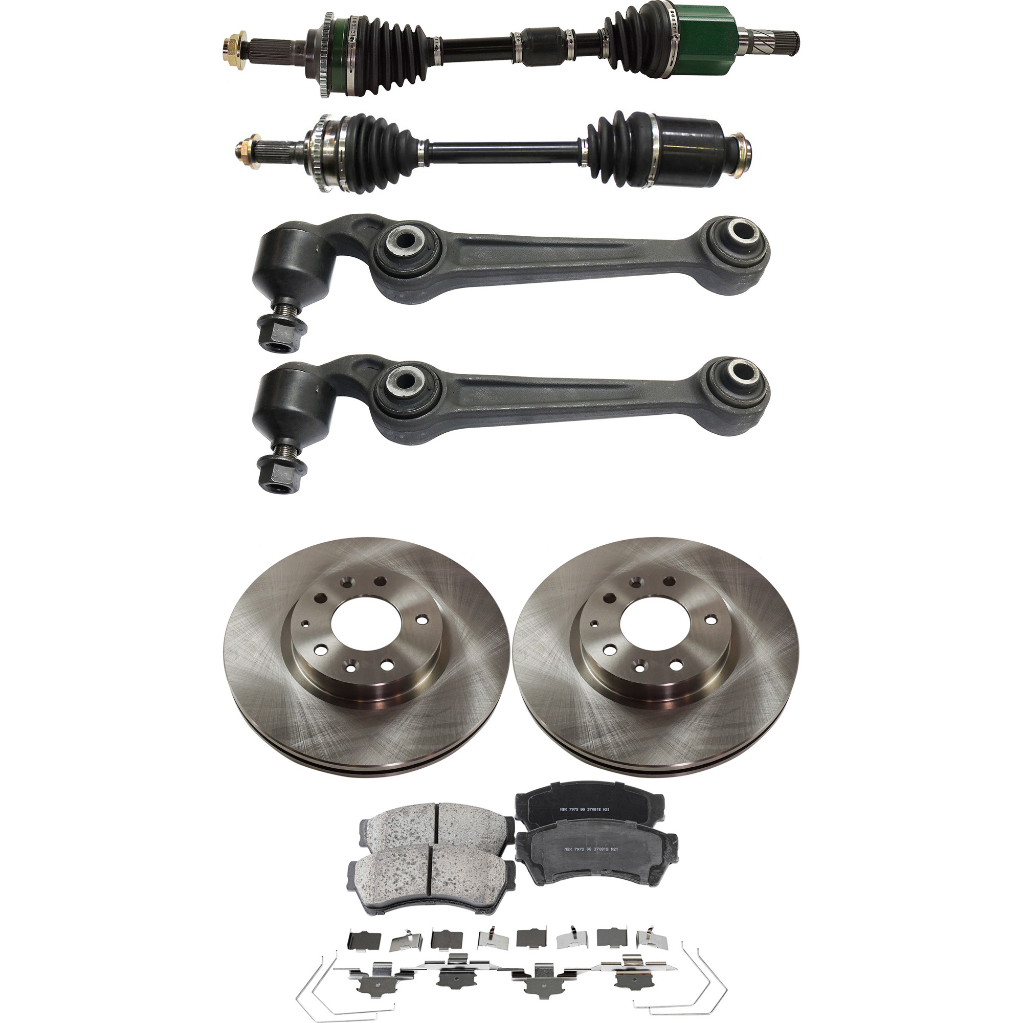 AM FUSION MILAN 07-09 FRONT CV AXLE ASSEMBLY RH AND LH 7 pc kit with Brake Discs Brake Pad Set and Control Arms SKU KIT 052722-042 OEM 6E5Z1125AA GP7Y3325XB 9E5Z1125