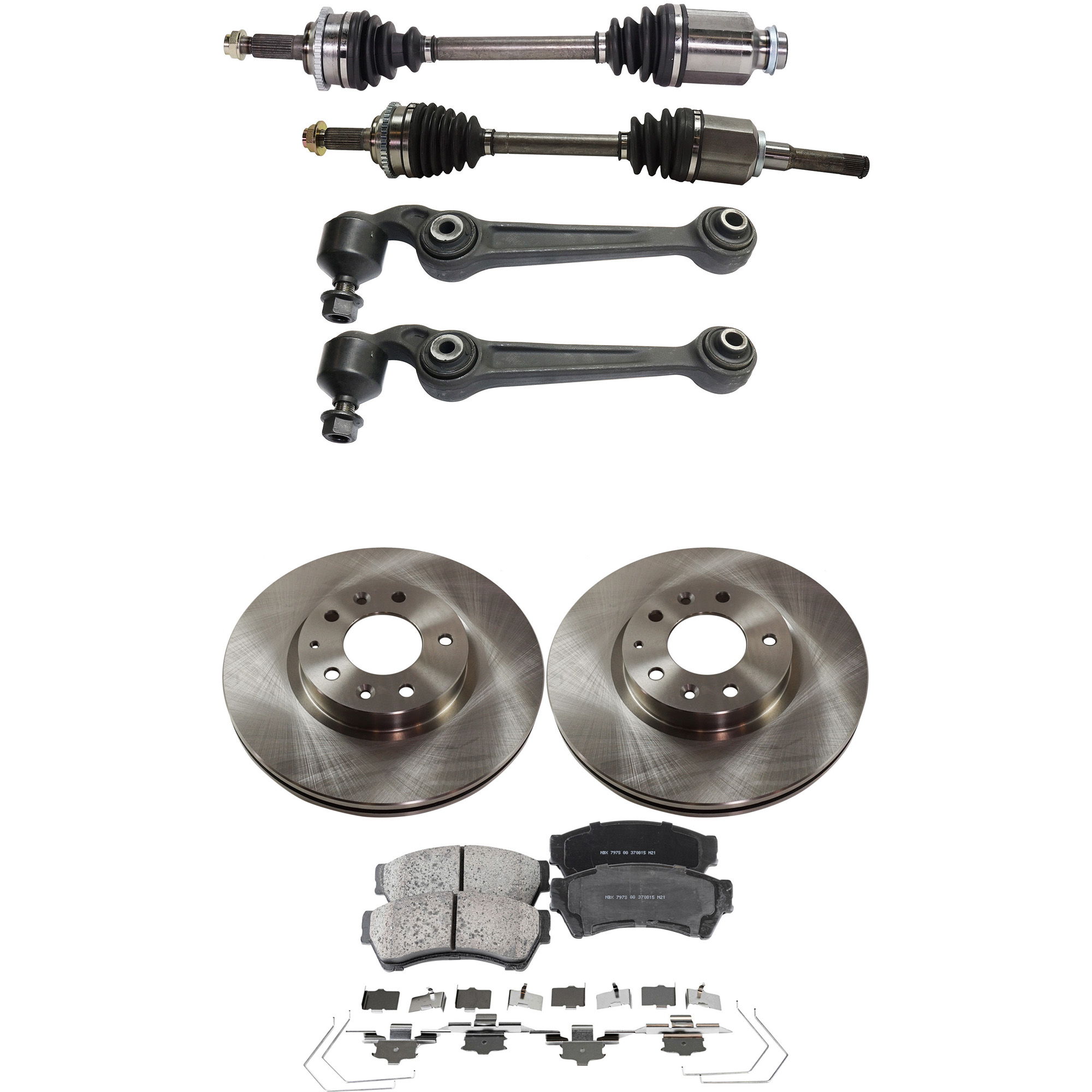AM FUSION 10-12 MILAN 10-11 FRONT CV AXLE ASSEMBLY RH AND LH 7 pc kit with Brake Discs and Brake Pad Set and Control Arms SKU KIT 052722-044 OEM 6E5Z1125AA GP7Y3325XB 9E5Z1125