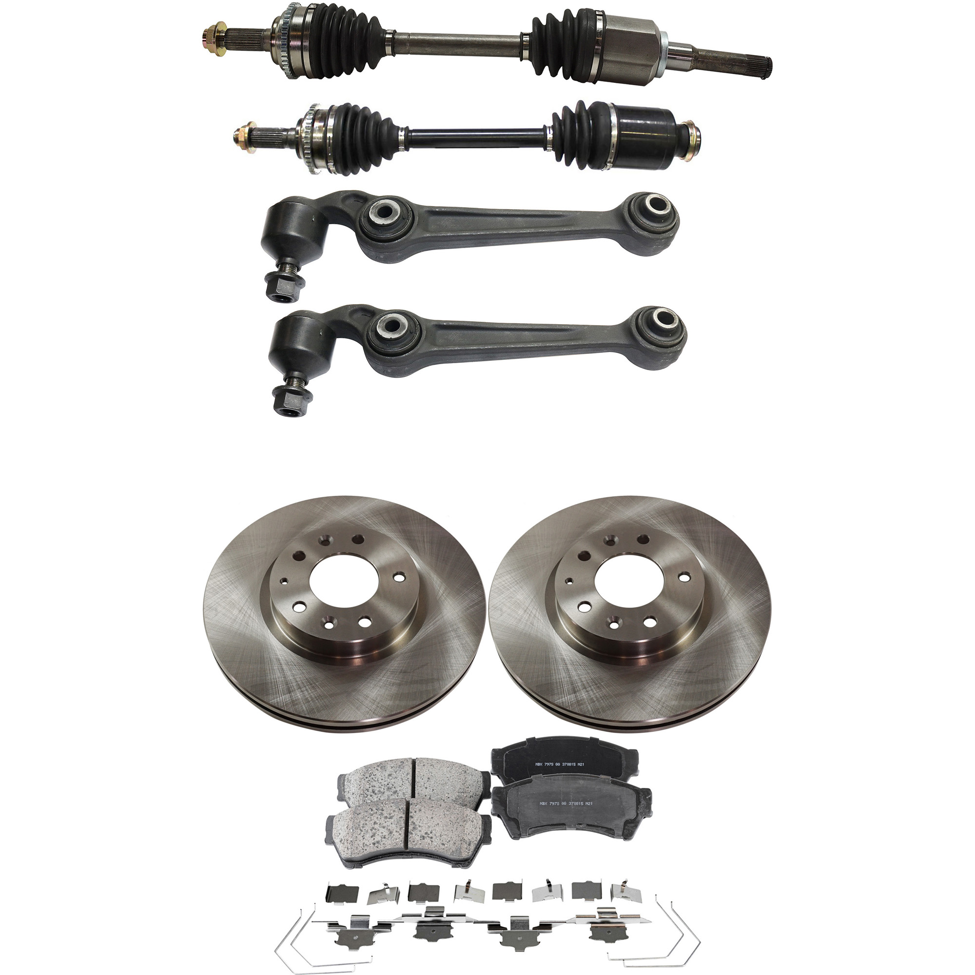 AM MILAN 10-11 FUSION 10-12 FRONT CV AXLE ASSEMBLY RH AND LH 7 pc kit with Brake Discs Brake Pad Set and Control Arms SKU KIT 052722-045 OEM 6E5Z1125AA GP7Y3325XB 9E5Z1125