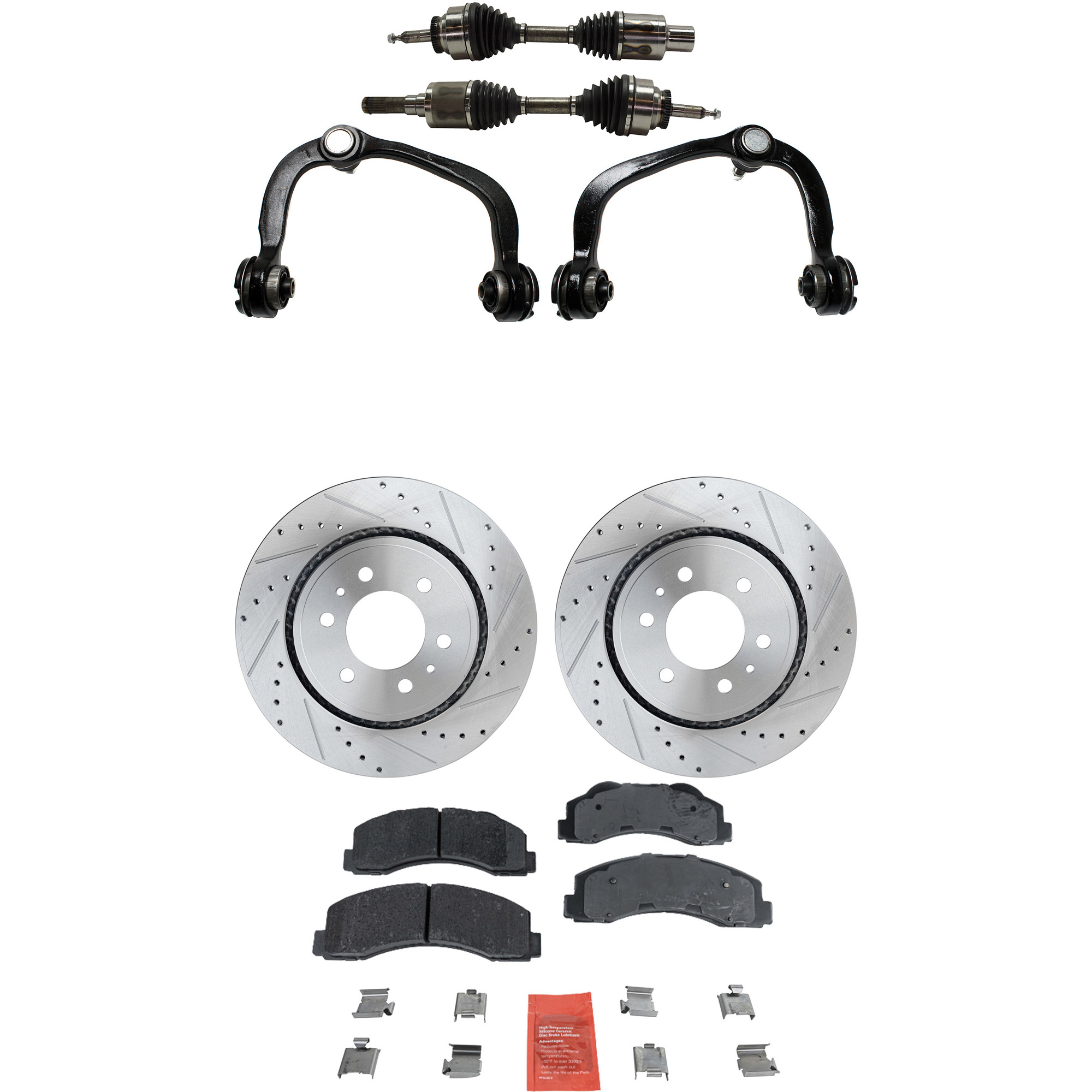 AM EXPEDITION 10-15 FRONT CV AXLE ASSEMBLY RH AND LH 6 pc kit w Brake Disc Brake Pad Set and Control Arms SKU KIT 052722-048 OEM 42-251-541-536-041-000-000-000-000