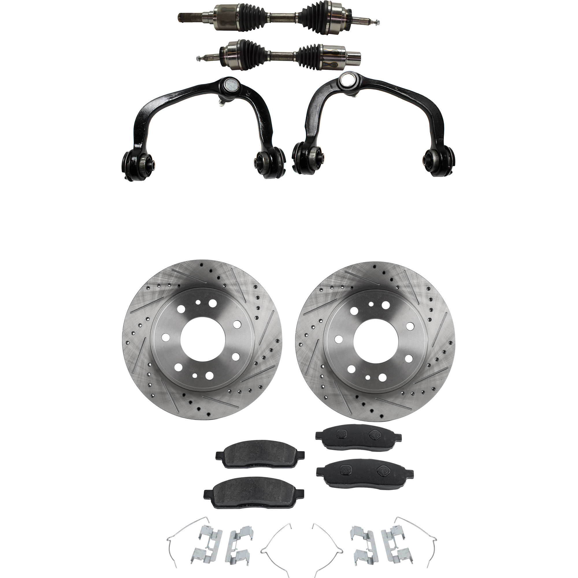 AM F 150-09-09 FRONT CV AXLE ASSEMBLY RH AND LH 6 pc kit with Brake Disc Brake Pad Set and Control Arms SKU KIT 052722-054 OEM 42268500000000000000000000