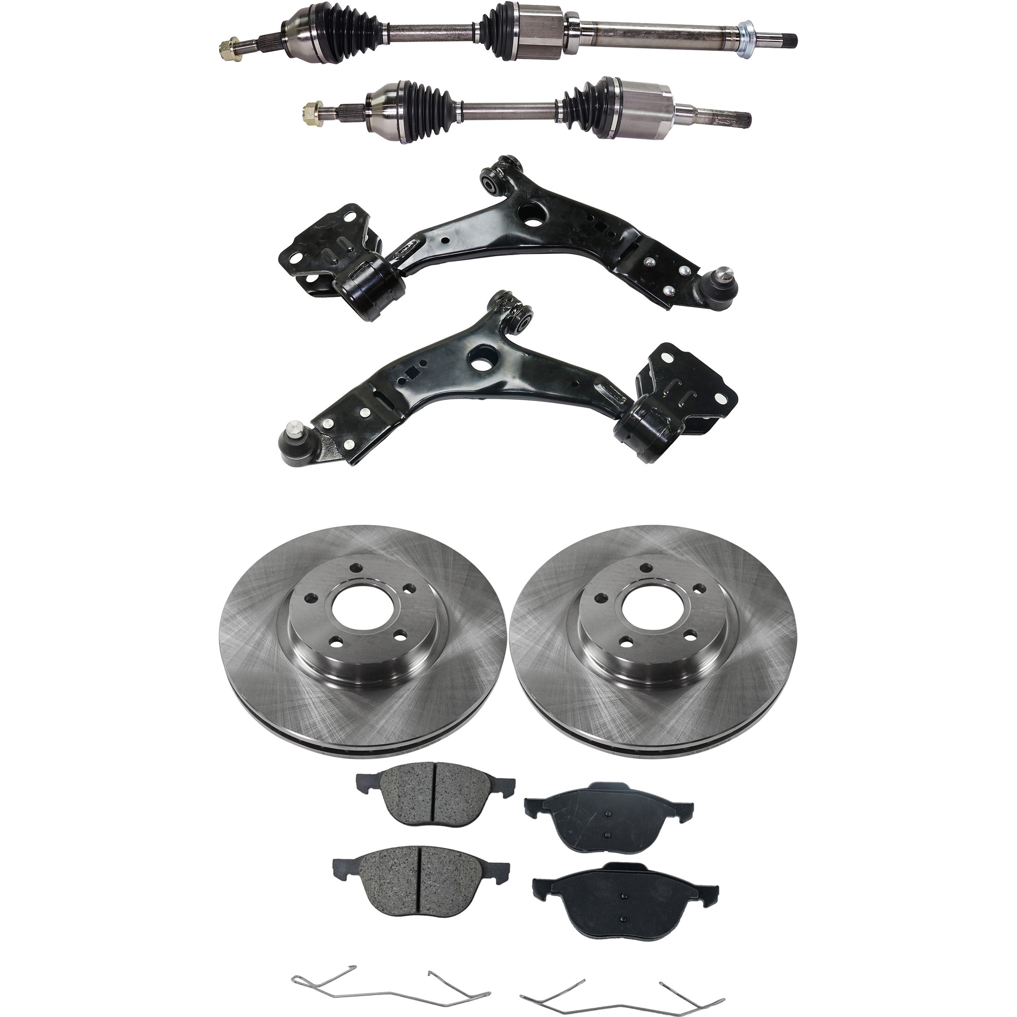 AM ESCAPE 17-19 FRONT CV AXLE ASSEMBLY RH AND LH 8 pc kit with Brake Disc Brake Pad Set and Control Arm SKU KIT 052722-133 OEM 34364-45438-45608-850028-90070