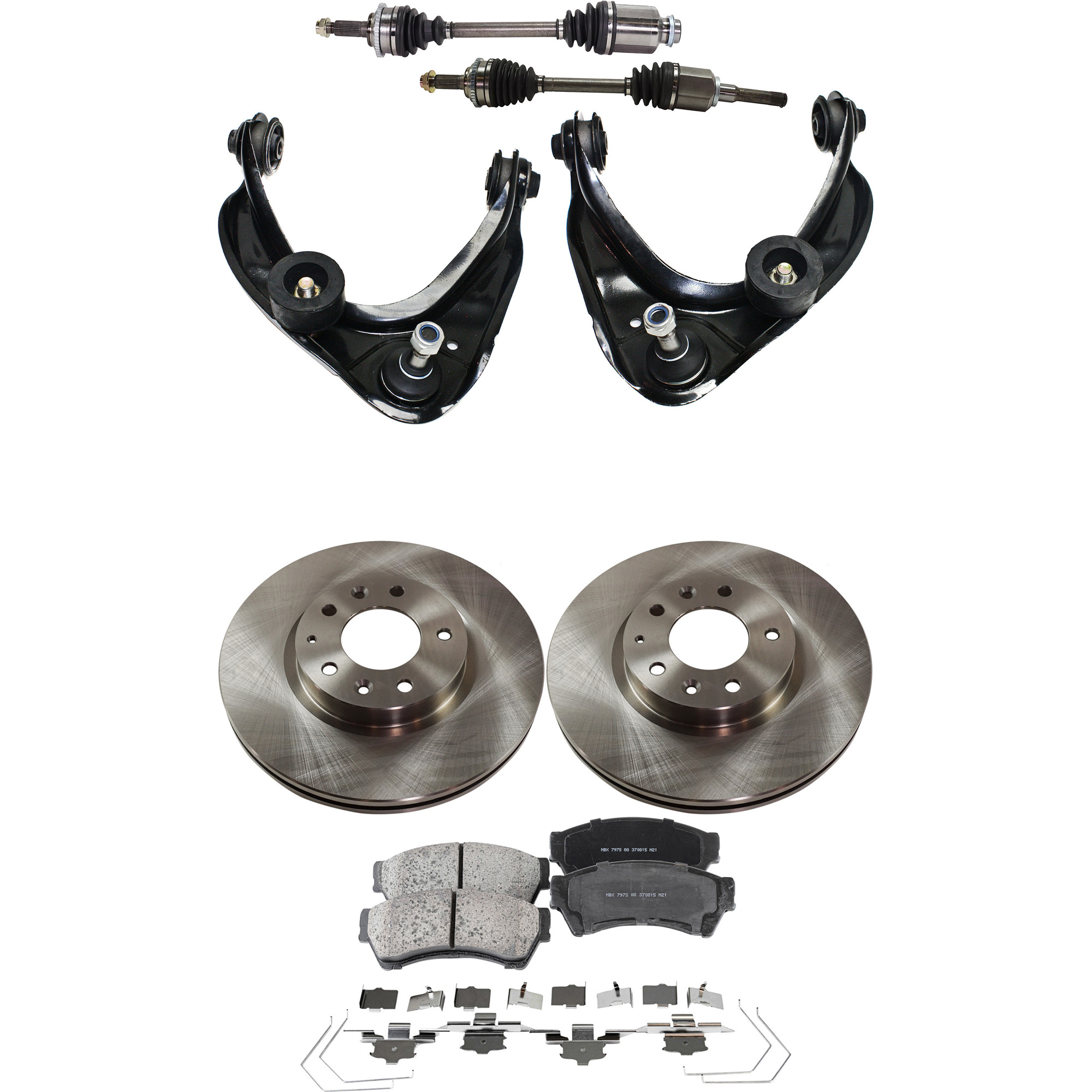 AM FUSION 10-12 MILAN 10-11 FRONT CV AXLE ASSEMBLY RH AND LH 8 pc kit with Brake Discs Brake Pad Set and Control Arms SKU KIT 052722-145 OEM 6E5Z1125AA GP7Y3325XB 9E5Z1125