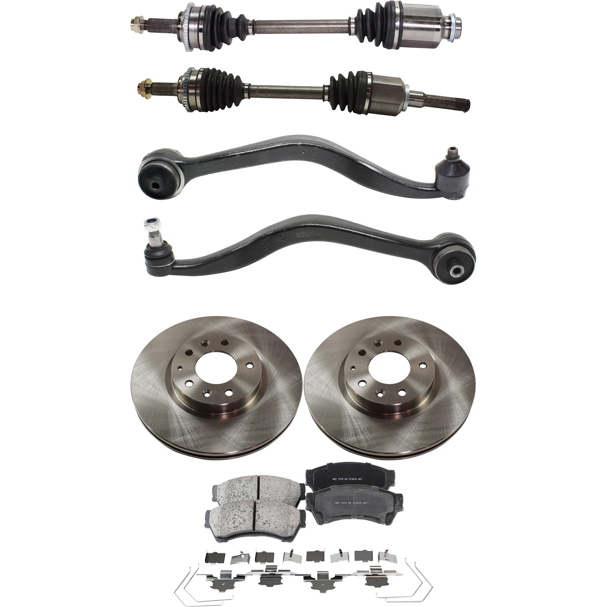 AM FUSION 10-12 MILAN 10-11 FRONT CV AXLE ASSEMBLY RH AND LH 8 pc kit with Brake Discs Brake Pad Set and Control Arms SKU KIT 052722-176 OEM 6E5Z1125AA GP7Y3325XB 9E5Z1125