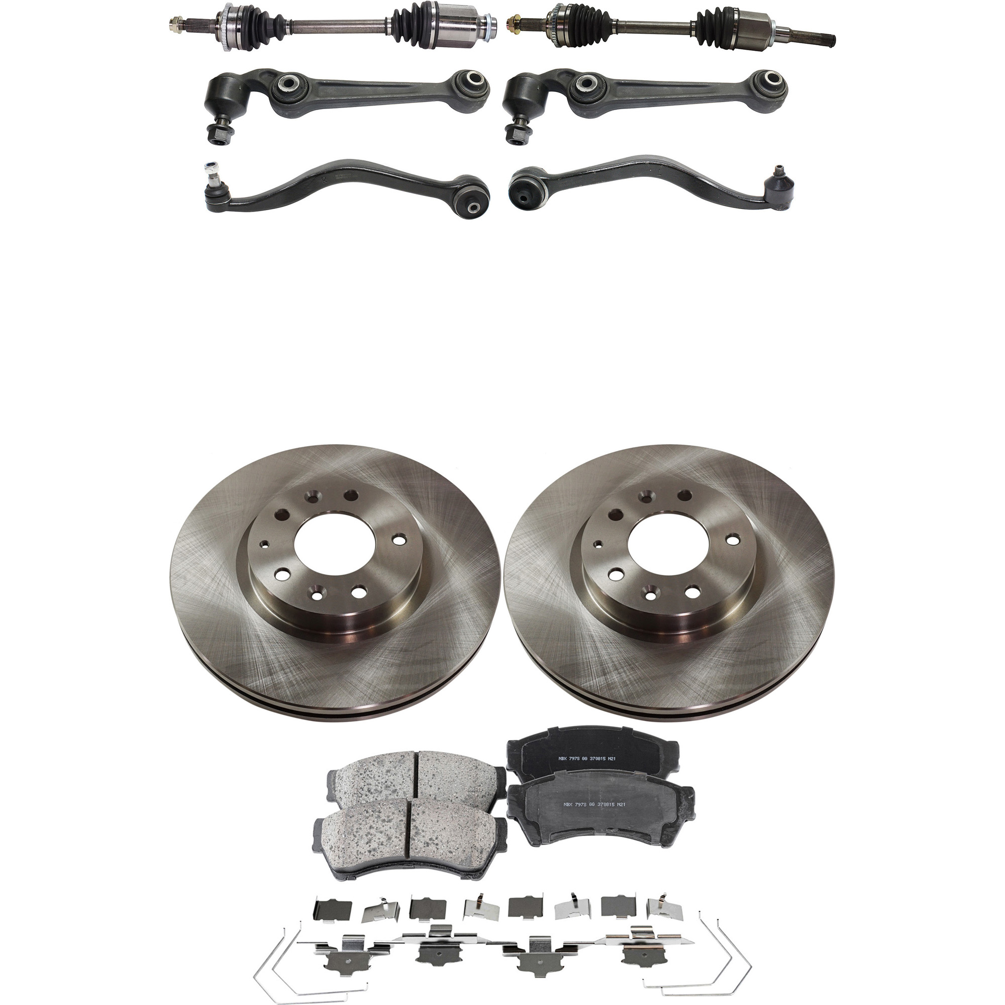 AM FUSION 10-12 MILAN 10-11 FRONT CV AXLE ASSEMBLY RH AND LH 9 pc kit with Brake Discs Brake Pad Set and Control Arms SKU KIT 052722-229 OEM 6E5Z1125AA GP7Y3325XB 9E5Z1125