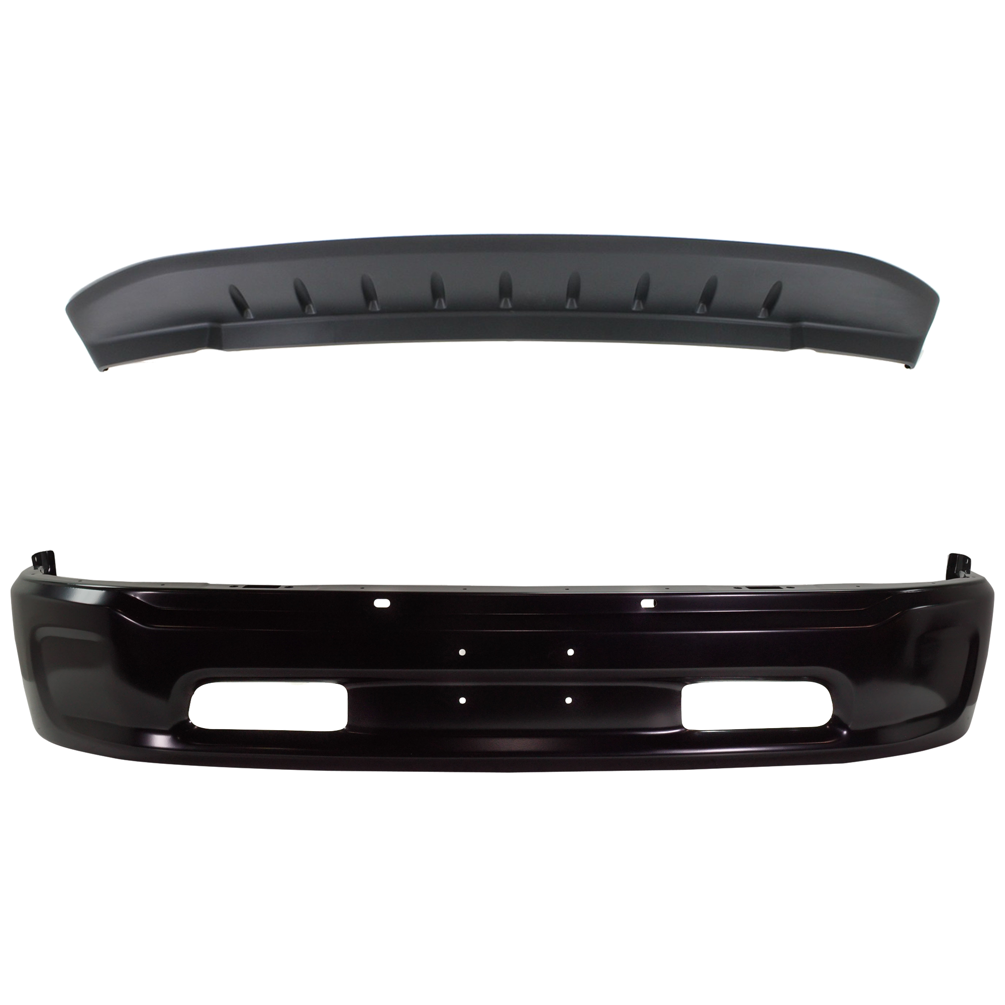 AM RAM 1500-14-18 FRONT BUMPER 2 pc kit Lower Steel Black 2 Piece w Ram Logo w o Fog Light Holes w o Parking Aid Sensor Holes Includes 19-21-1500 Classic SKU KIT 052824-04 Partslink CH1002401 CH1090147 OEM 68160856AC 5182326AA