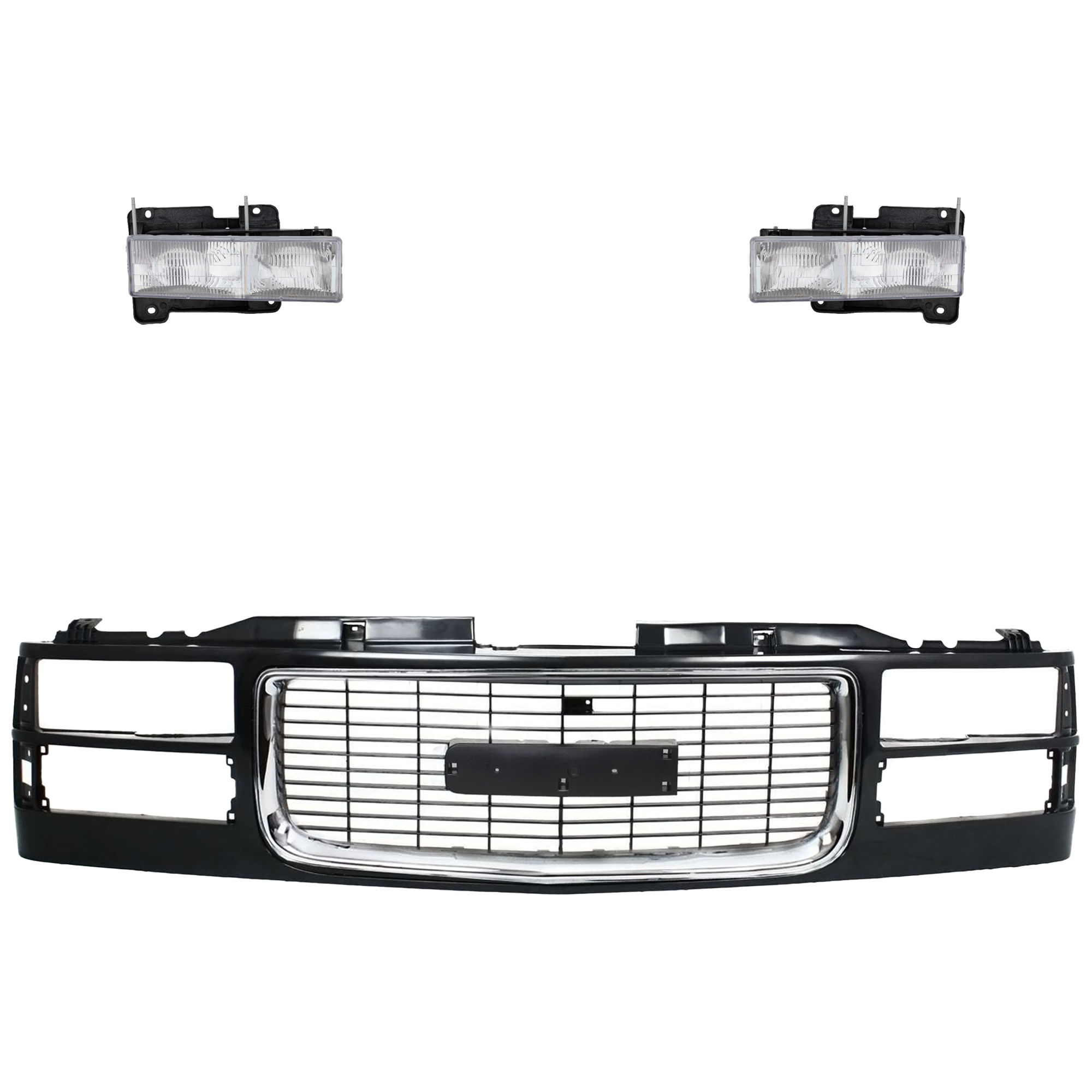 AM C K FULL SIZE PICKUP 94-00 GRILLE ASSEMBLY 3 pc Kit Black Shell and Insert Cross Bar Insert w Chrome Insert Opening w Composite Headlights with Headlight SKU KIT 052924 C11 Partslink GM1200392 GM2502101 GM2503101 OEM 12388709-15034929-15034930