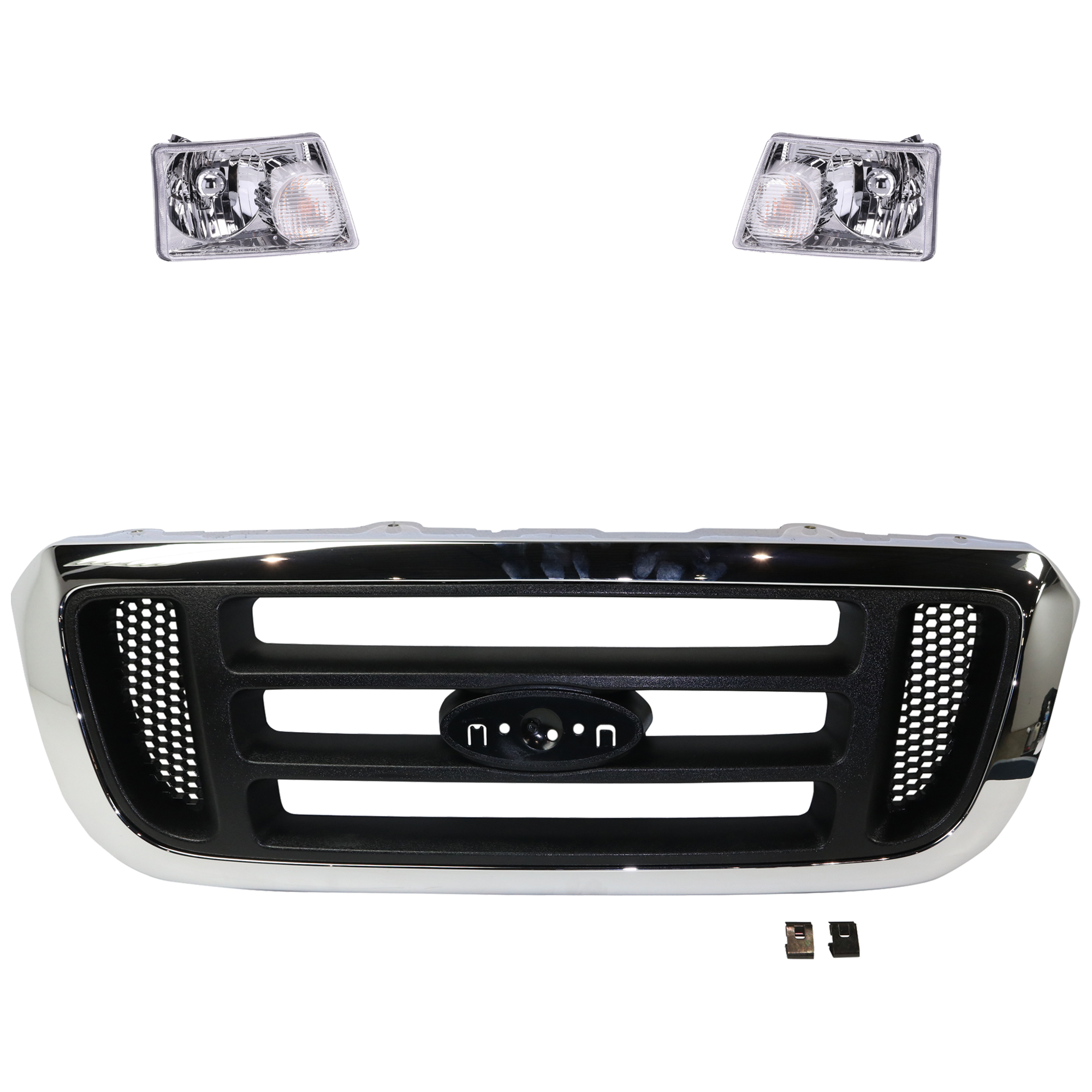 AM RANGER 04-05 GRILLE ASSEMBLY 3 pc Kit Chrome Shell Painted Black Insert with Headlight SKU KIT 052924 C12 Partslink FO1200455 FO2503173 FO2502173 OEM 4L5Z8200FAA 6L5Z13008AA 6L5Z13