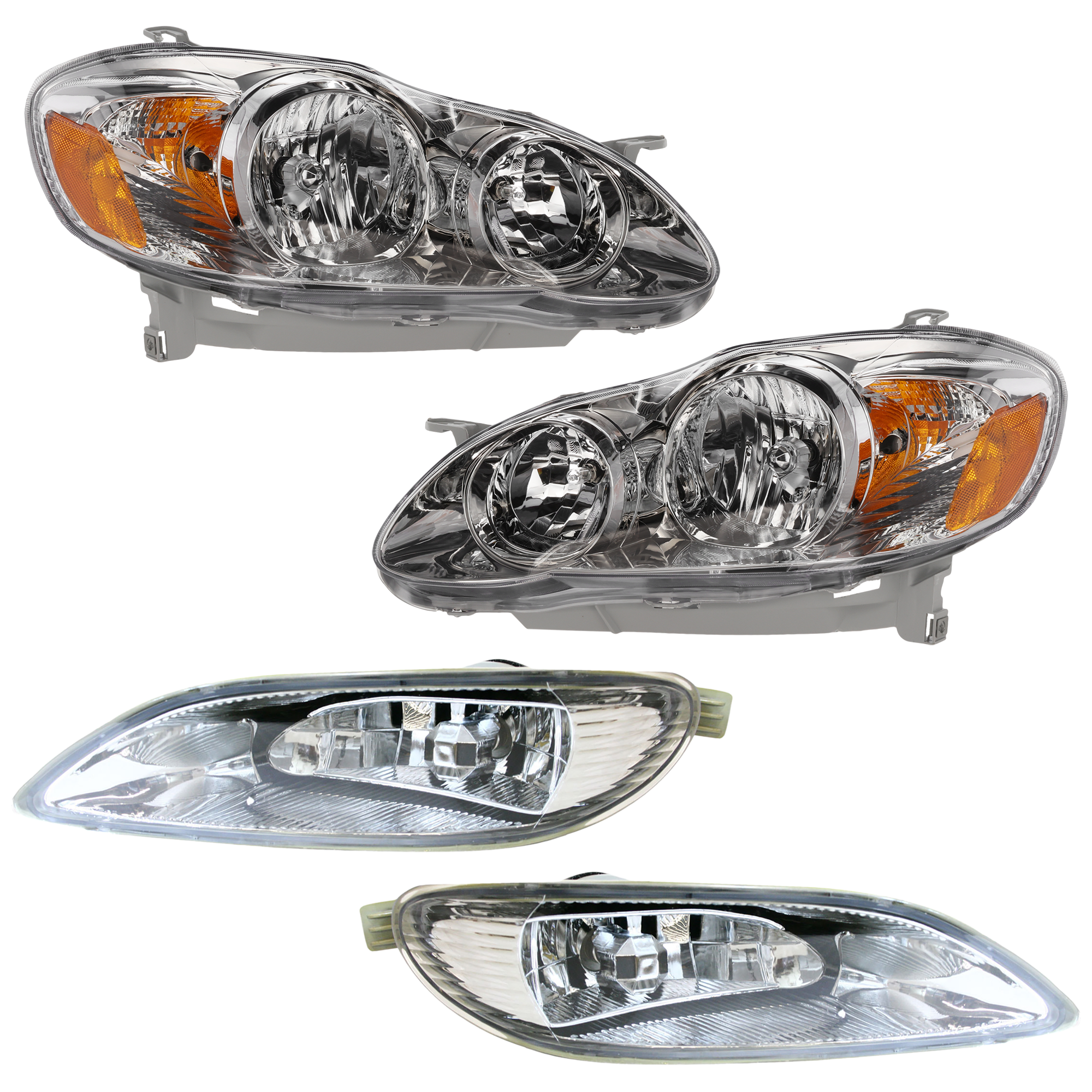 AM COROLLA 05-08 HEAD LAMP RH AND LH 4 pc kit Assembly Halogen Chrome Interior with Fog Light SKU KIT 052924 C13 Partslink TO2502160 TO2503160 TO2592106 TO2593106 OEM 8111002360-8115002350-81220AA0