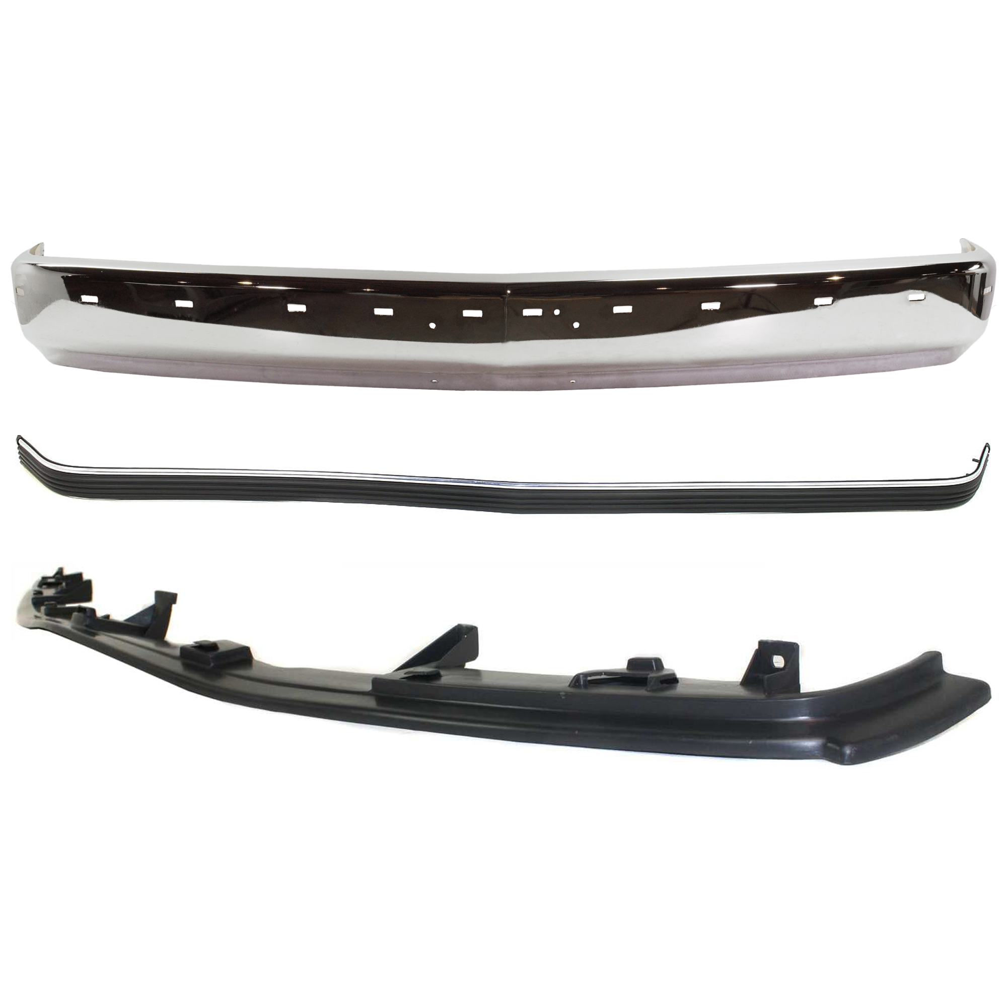 AM C K FULL SIZE PICKUP 94-00 FRONT BUMPER 3 pc kit Face Bar Chrome with Bumper Filler and Bumper Trim SKU KIT 052924 C16 Partslink GM1002802 GM1087180 GM1057127 OEM 15574111-12376285-15574113