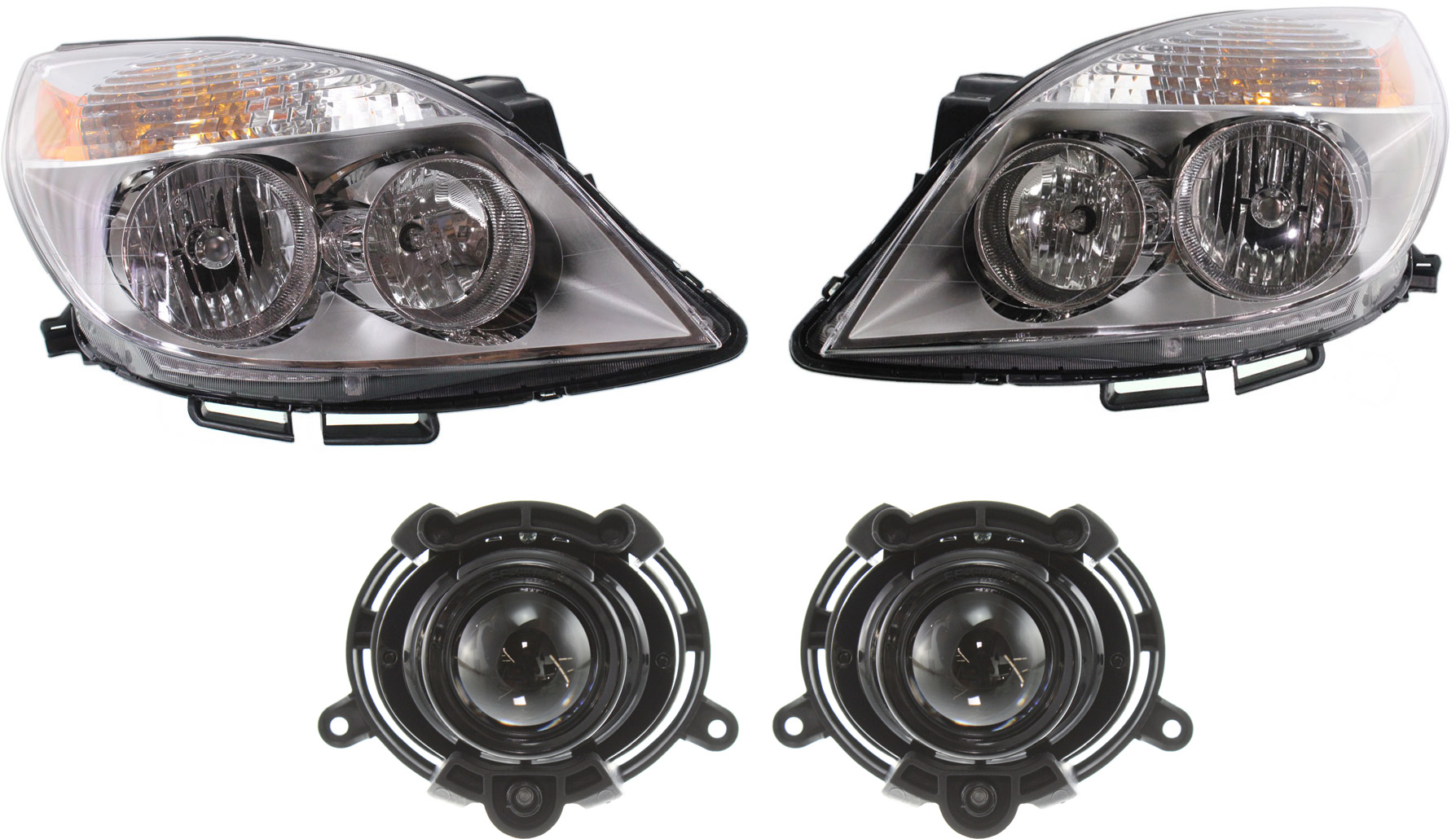 AM AURA 07-09 HEAD LAMP RH AND LH Assembly Halogen 4 pc Kit with Fog Lights SKU KIT 053017-30 Partslink GM2503292 GM2502292 GM2590106 OEM 25854633-25854634-95419301