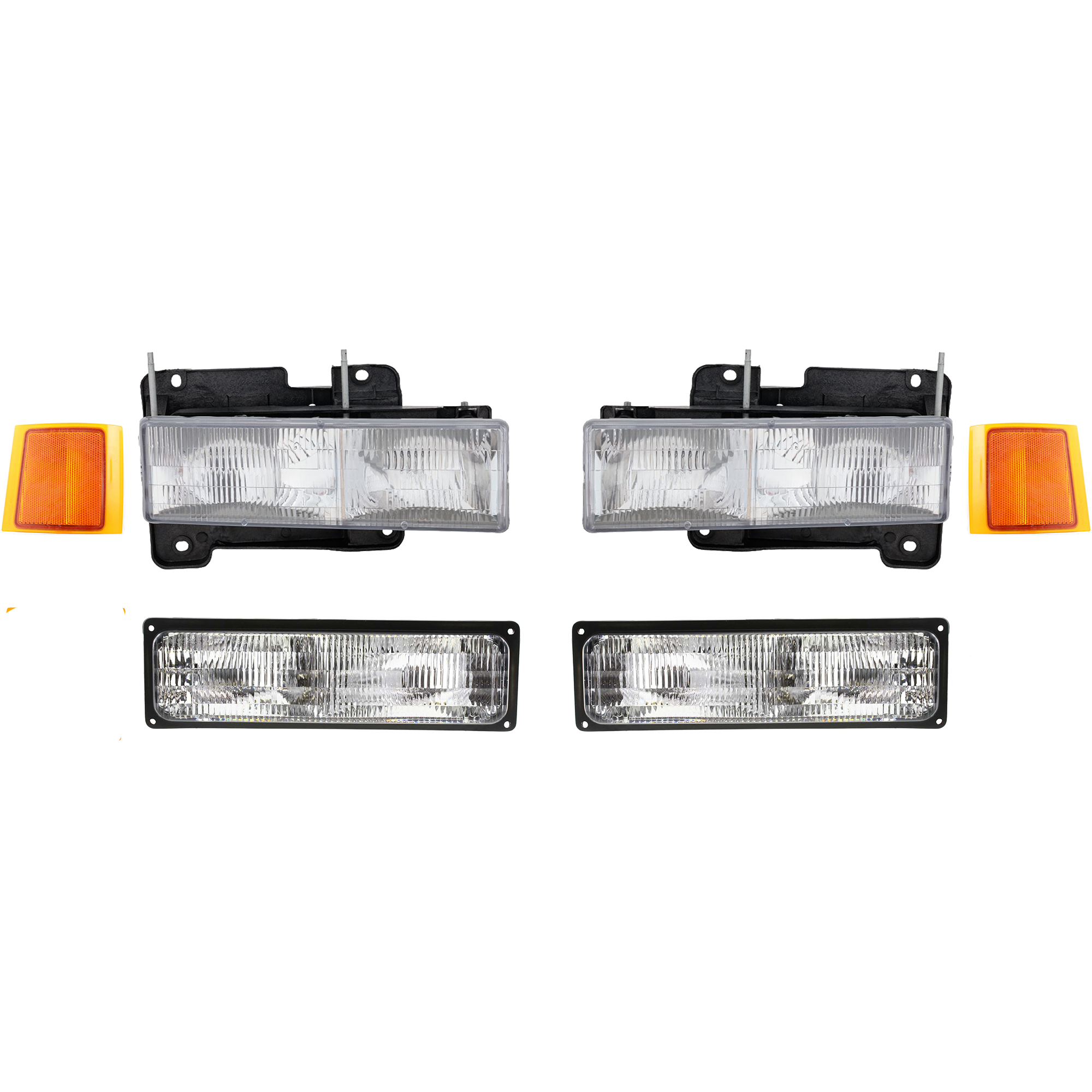 AM GMC C K FULL SIZE PICKUP 94-99 HEAD LAMP RH AND LH Assembly Halogen 6 pc Kit with Side Markers and Turn Signal Lights SKU KIT 053017-47 Partslink GM2502101 GM2503101 GM2550145 GM2551145 GM2520128 GM2521128 OEM 15034929-15034930-5977739-5977