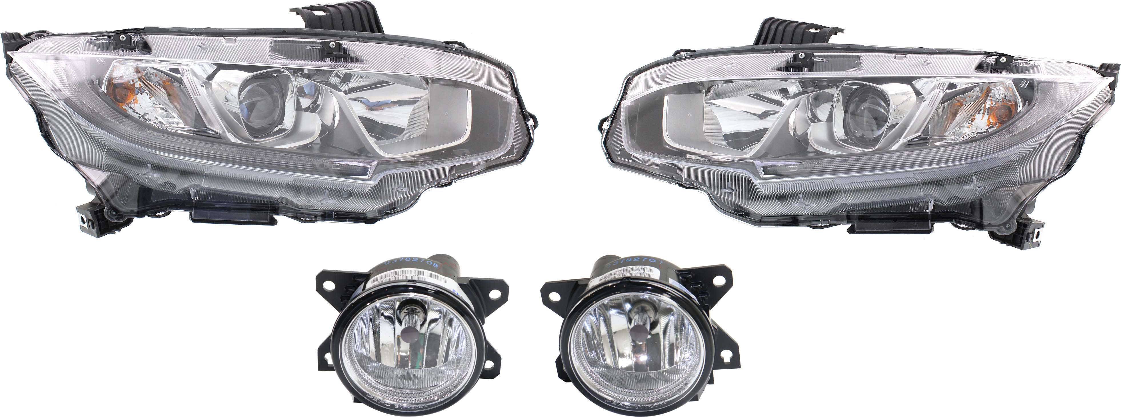 AM CIVIC 16-20 HEAD LAMP RH AND LH Assembly Halogen 4 pc Kit with Fog Lights SKU KIT 053017-54 Partslink HO2502173 HO2503173 HO2592143 HO2593143 OEM 33100TBAA01-33150TBAA01-33950T