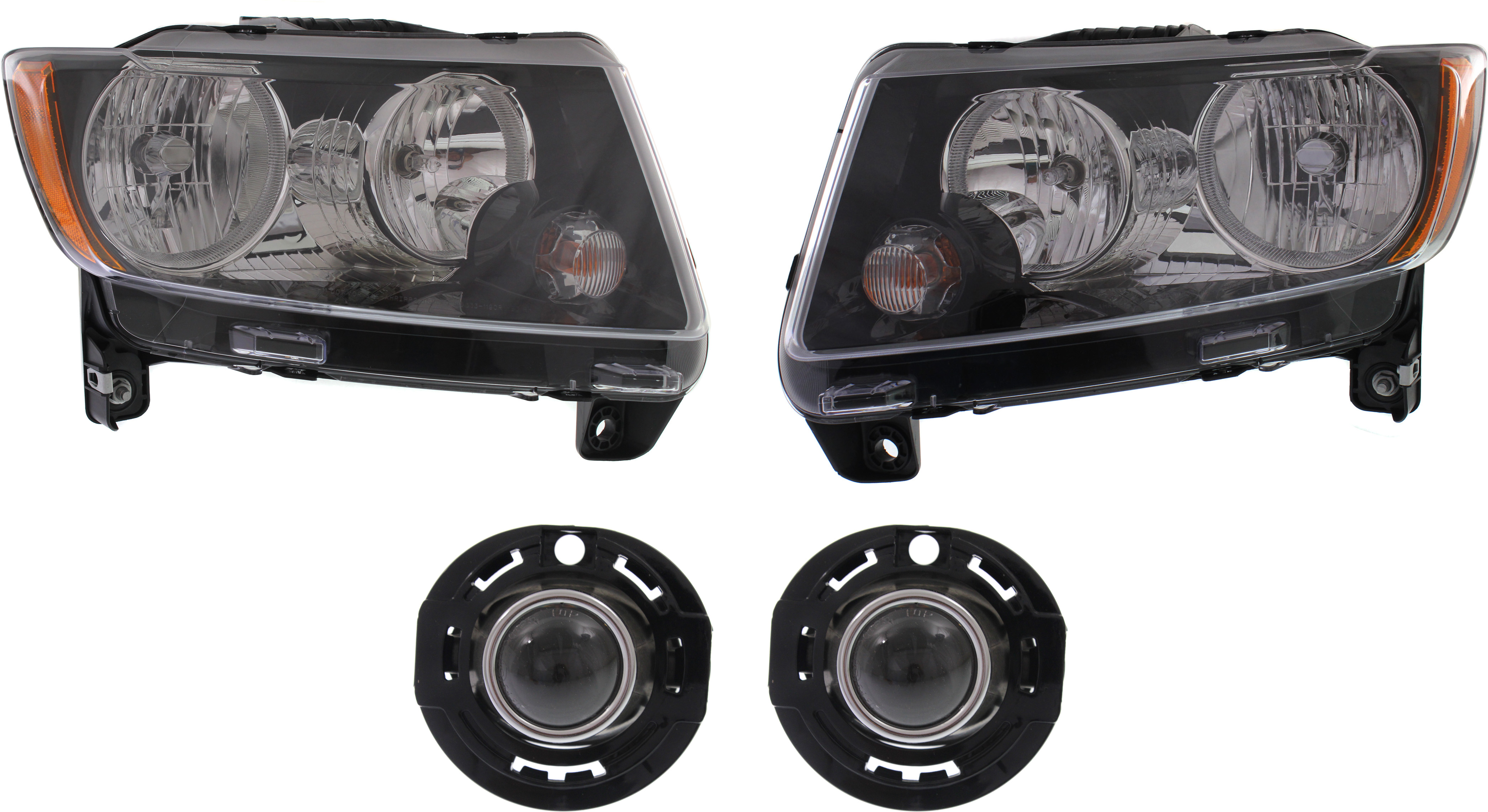 AM COMPASS 13-17 HEAD LAMP RH AND LH Assembly Halogen 4 pc Kit with Fog Lights SKU KIT 053017-58 Partslink CH2503246 CH2502246 CH2592148 OEM 68171214AC 68171214AB 68171215