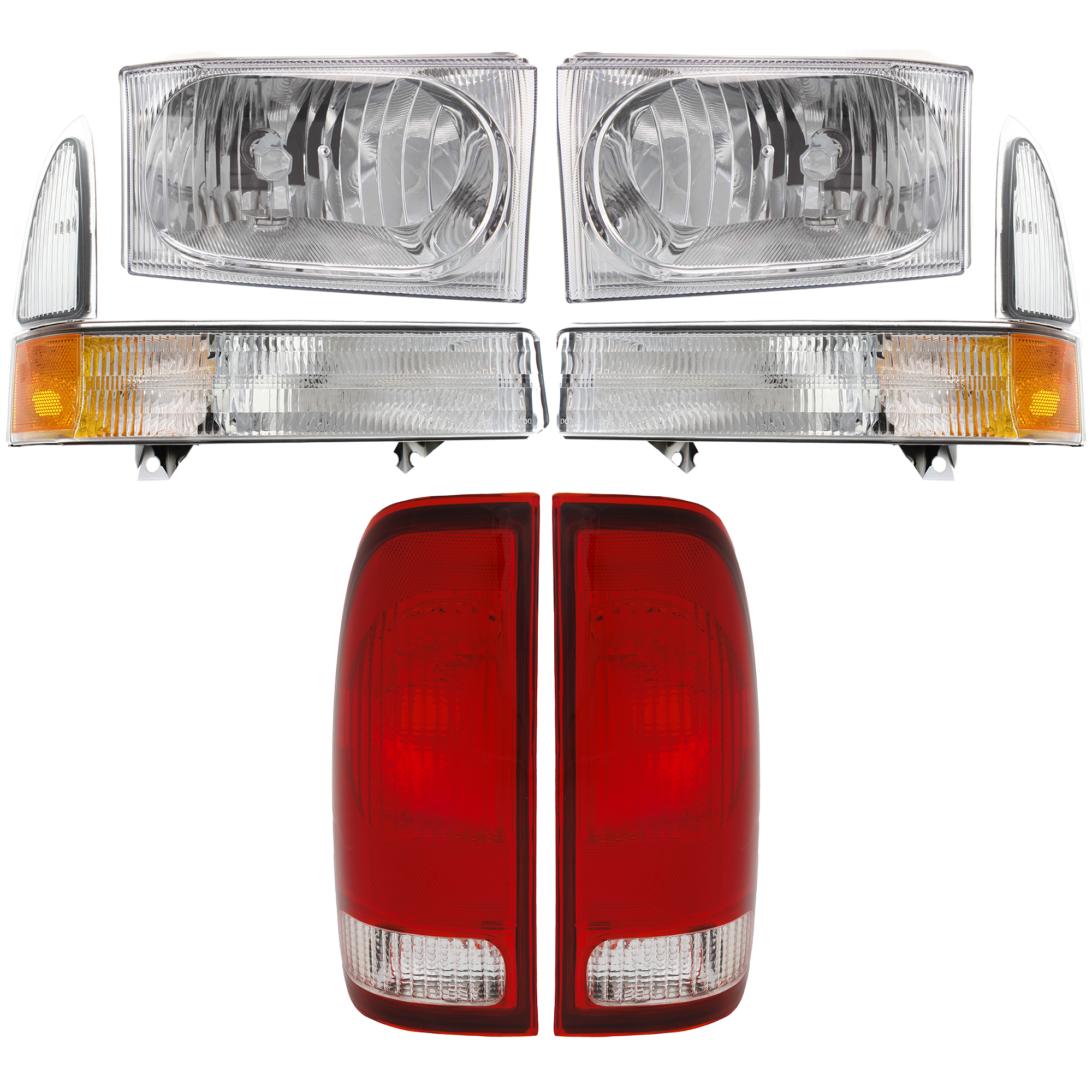 AM F SERIES SUPER DUTY PICKUP 02-04 HEAD LAMP RH AND LH Assembly Halogen 6 pc Kit w Corner Lights and Tail Lights SKU KIT 053018-44 Partslink FO2503183 FO2502183 FO2520169 FO2521169 FO2800117 FO2801117 OEM 2C3Z13008AA 2C3Z13008AB 2C3Z13