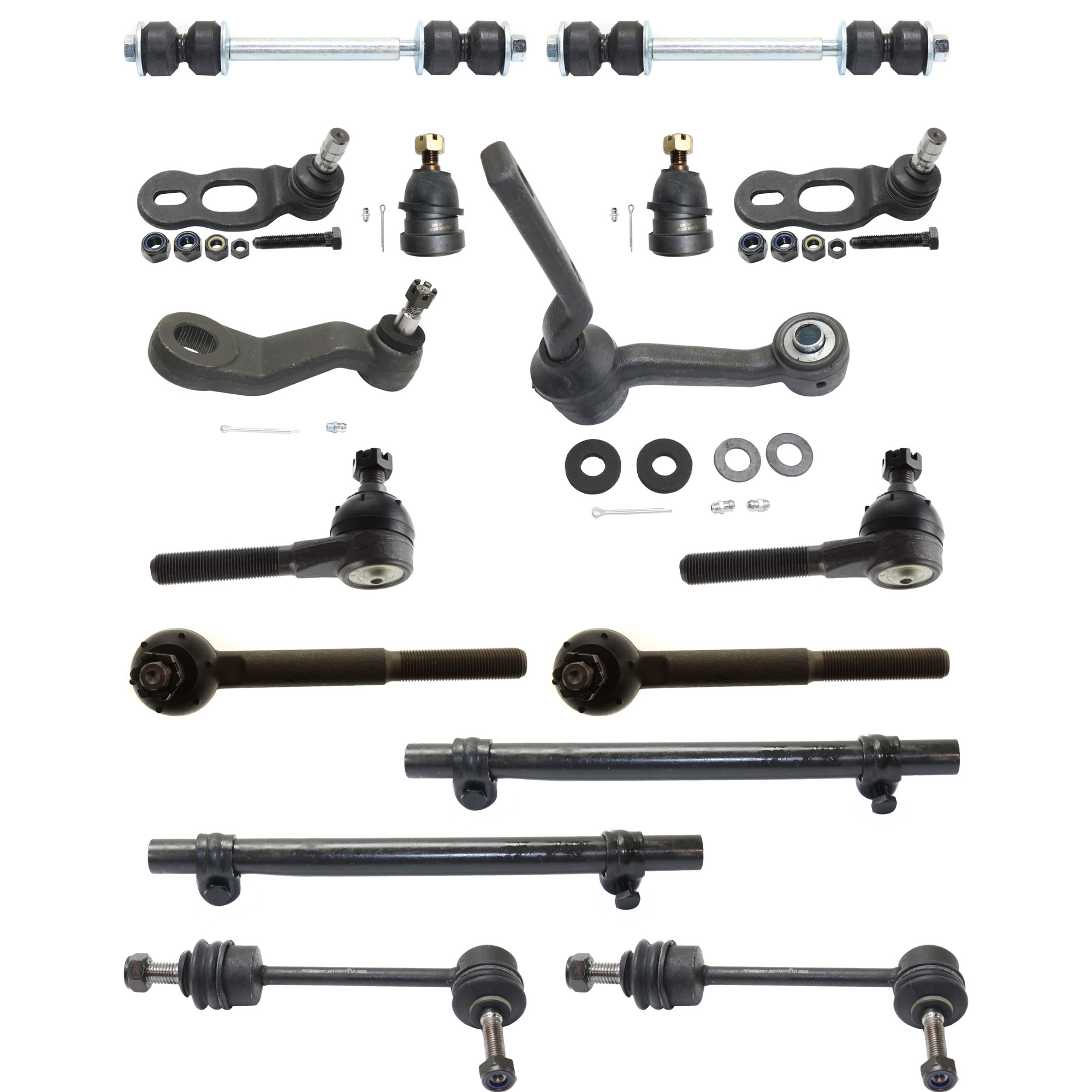 AM CROWN VICTORIA GRAND MARQUIS TOWN CAR 98-02 FRONT SUSPENSION KIT 16 pc kit with Ball Joints Idler Arm Pitman Arm Sway Bar Links Tie Rod Adjusting Sleeves and Tie Rod Ends SKU KIT 053022-01 OEM 104226-5051223-2601463OS 2W