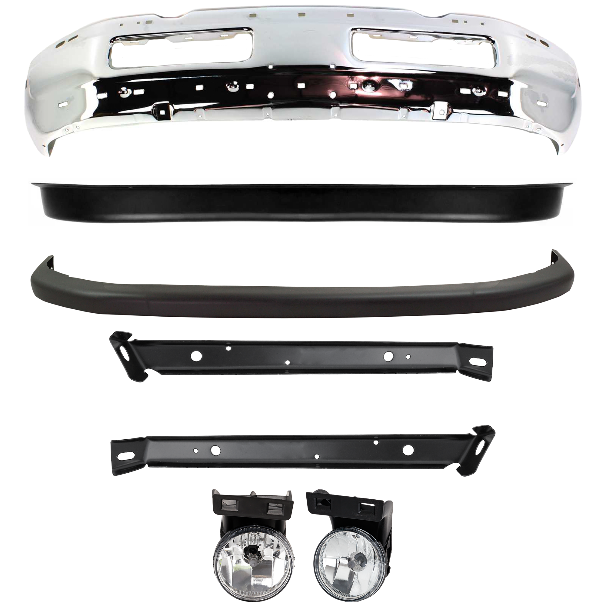 AM RAM 1500-99-01 FRONT BUMPER Chrome 7 pc kit SKU KIT 053024 C04 Partslink CH1002256 CH1002172 CH1066108 CH1067108 CH1000232 CH1000160 CH2592120 CH2593120 OEM 55076599AG 55274749-55234725-5