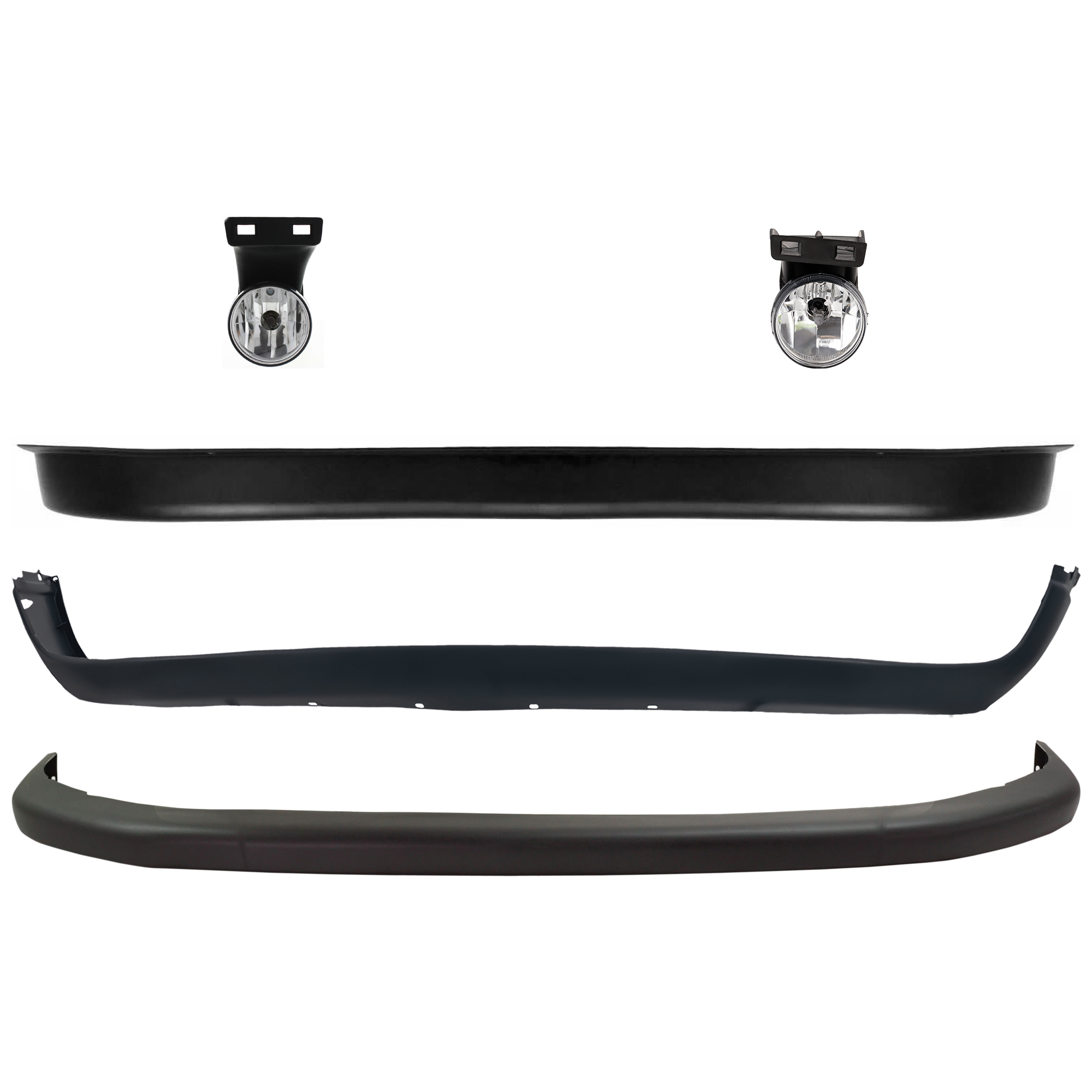 AM RAM 1500-99-99 FRONT BUMPER Upper and Lower Upper Textured Lower Unprimed 5 pc kit with Fog Light and Valance SKU KIT 053024 C08 Partslink CH1000160 CH1000232 CH2592120 CH2593120 CH1090124 OEM 55076610AB 55076614AC 55076941
