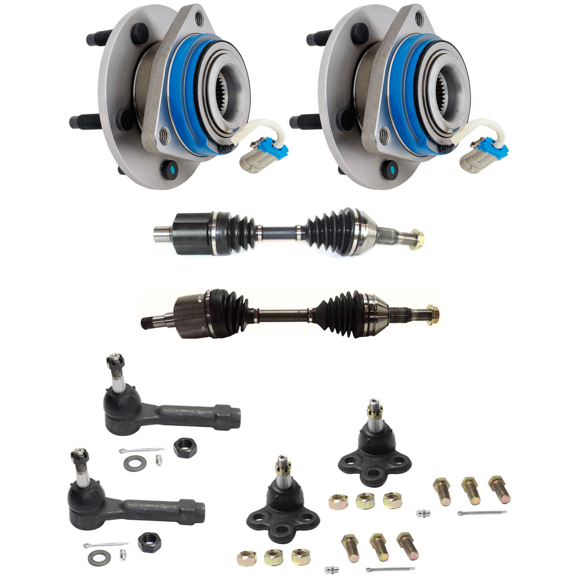 AM VENTURE 00-01 FRONT CV AXLE ASSEMBLY RH AND LH 8 pc kit with Ball Joints Tie Rod Ends and Wheel Hubs SKU KIT 053024 C28 OEM 104257-282021-2601506-2601545