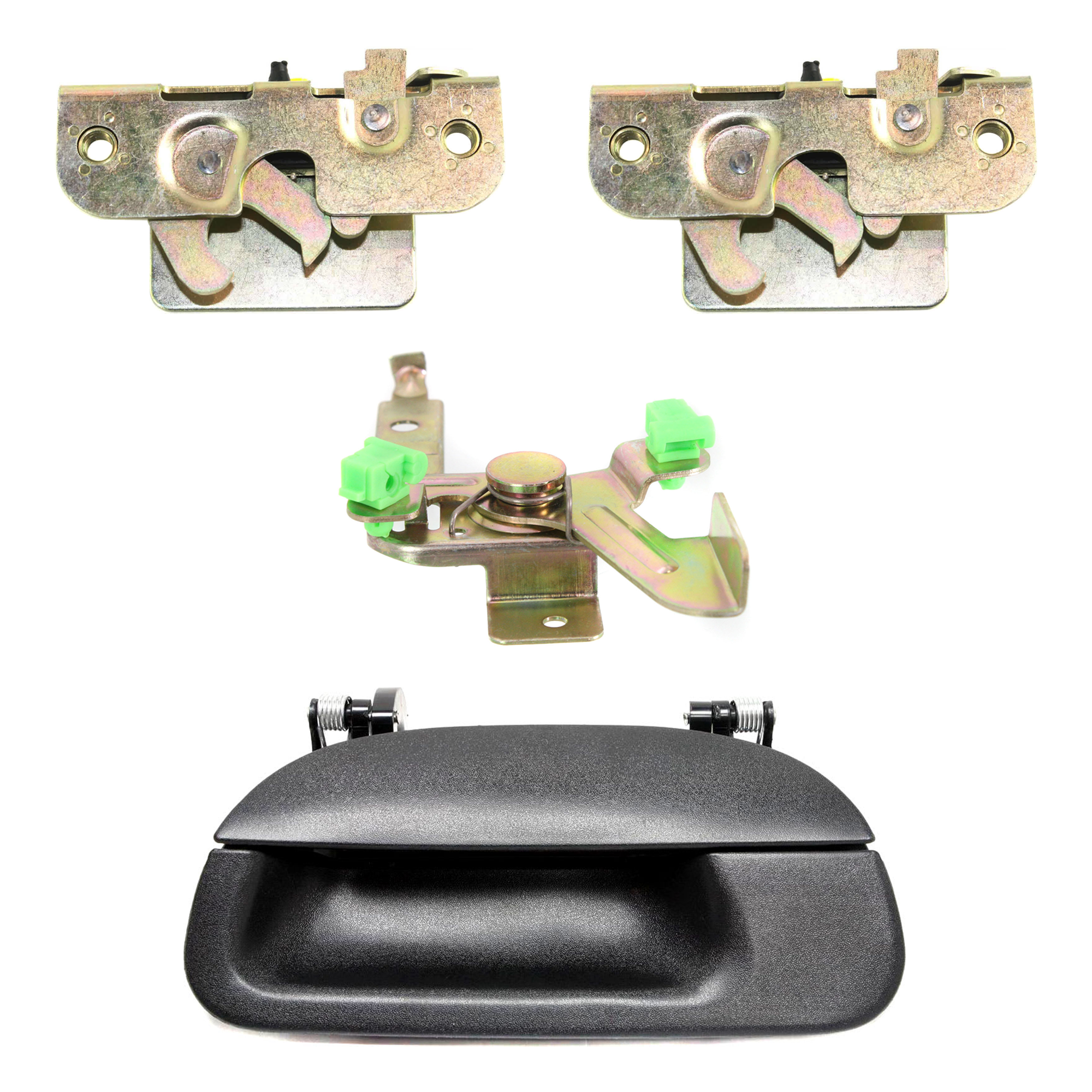 AM F250-97-99 F250 SUPER DUTY 99-07 TAILGATE LATCH RH AND LH 4 pc Kit with Tailgate Handle SKU KIT 053024 C62 Partslink FO1911102 FO1911103 FO1915114 OEM F85Z9943170AA GC3Z9943150C 3L3