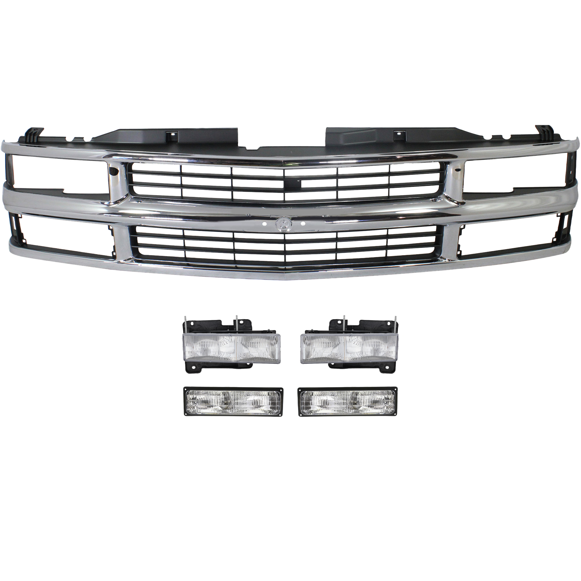 AM C K FULL SIZE P U 94-00 GRILLE 5 pc Kit with Headlights and Turn Signal Lights SKU KIT 053100-12 Partslink GM1200238 GM2503101 GM2502101 GM2521128 GM2520128 OEM 15981106-15034930-15034929-597