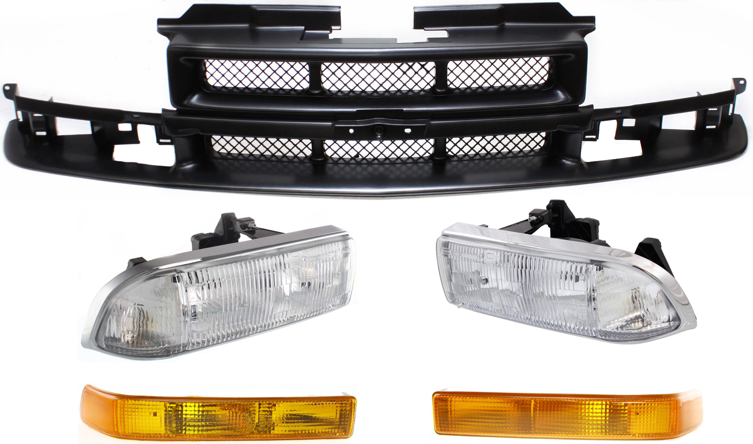 AM BLAZER 98-05 S10-98-04 HEAD LAMP RH AND LH Assembly Halogen 5 pc Kit with Grille Assembly and Turn Signal Lights SKU KIT 053100-15 Partslink GM2502172 GM2503172 GM1200418 GM2521162 GM2520162 OEM 12472710-15098267 PFM 15098268