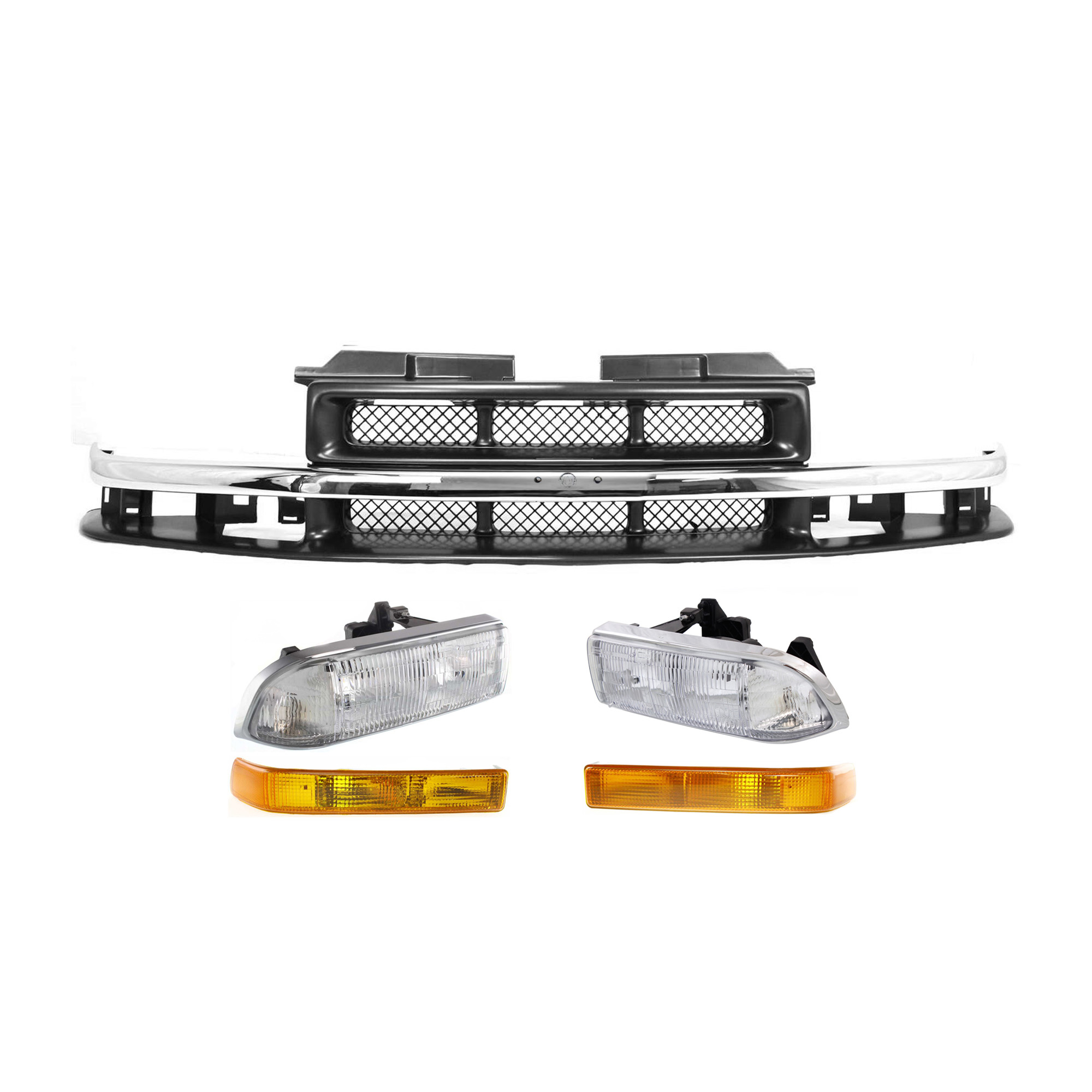 AM BLAZER S10-98-04 GRILLE 5 pc Kit with Headlights and Turn Signal Lights SKU KIT 053100-16 Partslink GM1200419 GM2502172 GM2503172 GM2520162 GM2521162 OEM 15048519-16526217-16526218-150