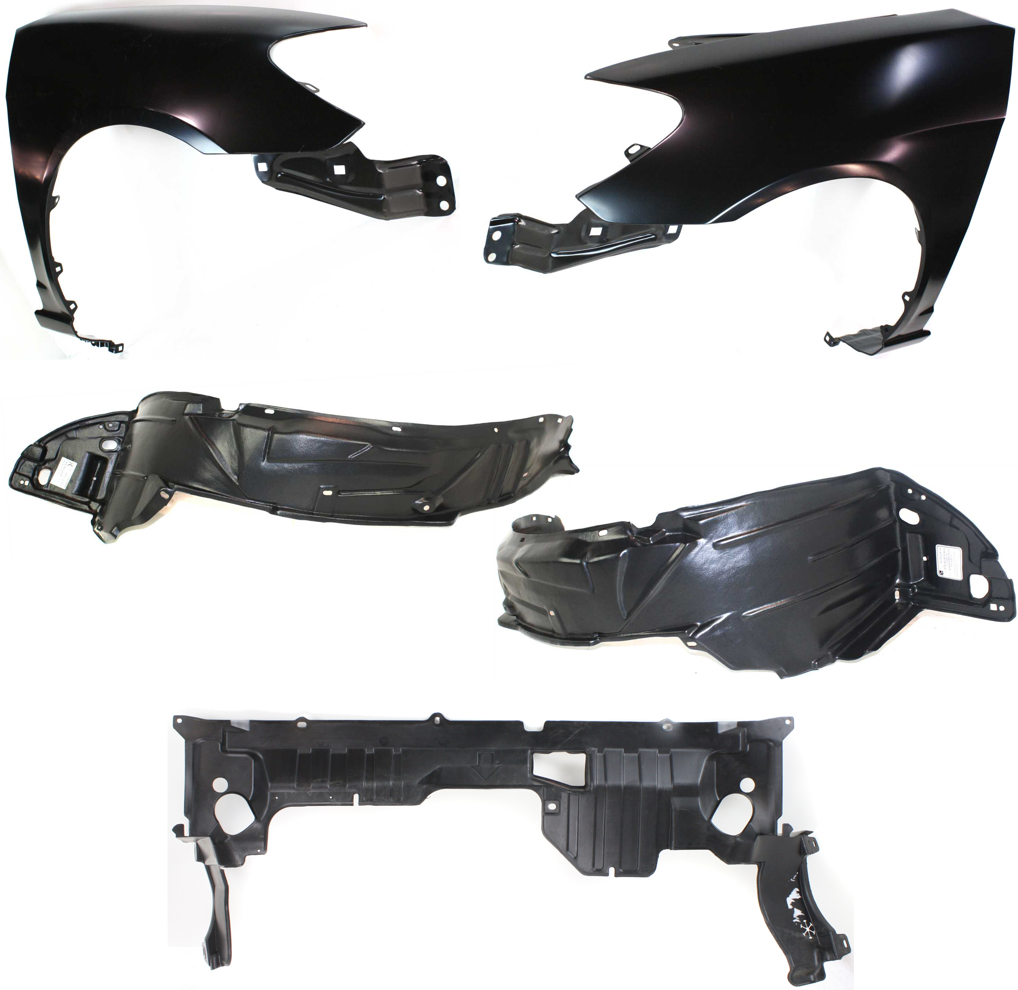 AM CIVIC 04-05 FRONT FENDER RH AND LH 5 pc kit with Engine Splash Shield and Fender Liners SKU KIT 053100-22 Partslink HO1240162 HO1241162 HO4151101 HO1249121 HO1248121 OEM 60261S5AA80ZZ 60211S5AA80ZZ 74