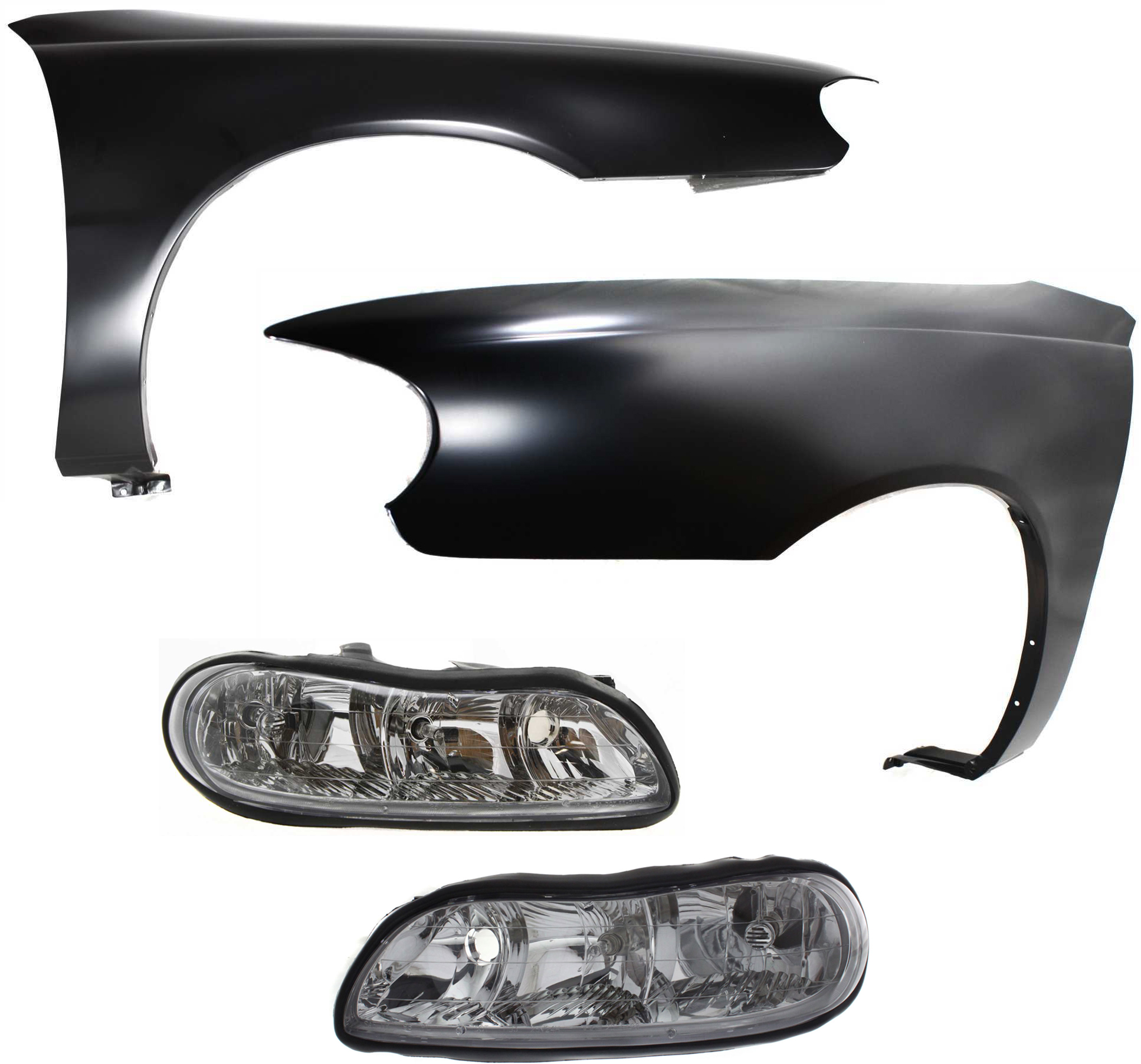 AM CLASSIC 04-05 MALIBU 97-03 FRONT FENDER RH AND LH 4 pc kit with Headlights SKU KIT 053100-31 Partslink GM1240254 GM1241254 GM2503154 GM2502154 OEM 22602679-22602678-22618781-226