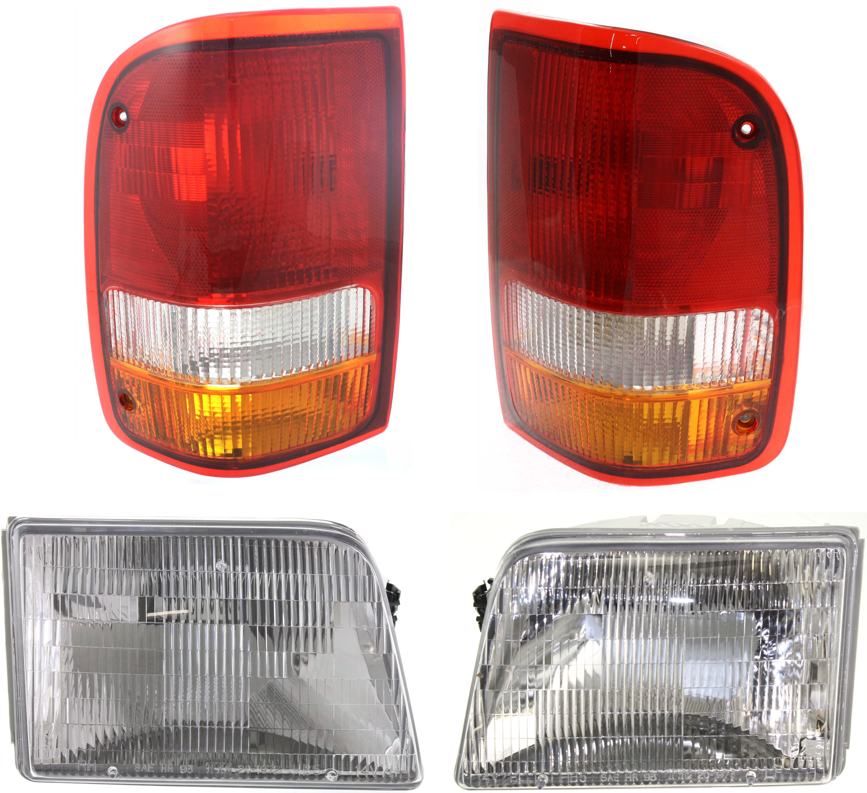 AM RANGER 93-97 HEAD LAMP RH AND LH Assembly Halogen 4 pc Kit with Tail Lights SKU KIT 053100-40 Partslink FO2502119 FO2503115 FO2801110 FO2800110 OEM F37Z13008B F37Z13008A F37Z1340