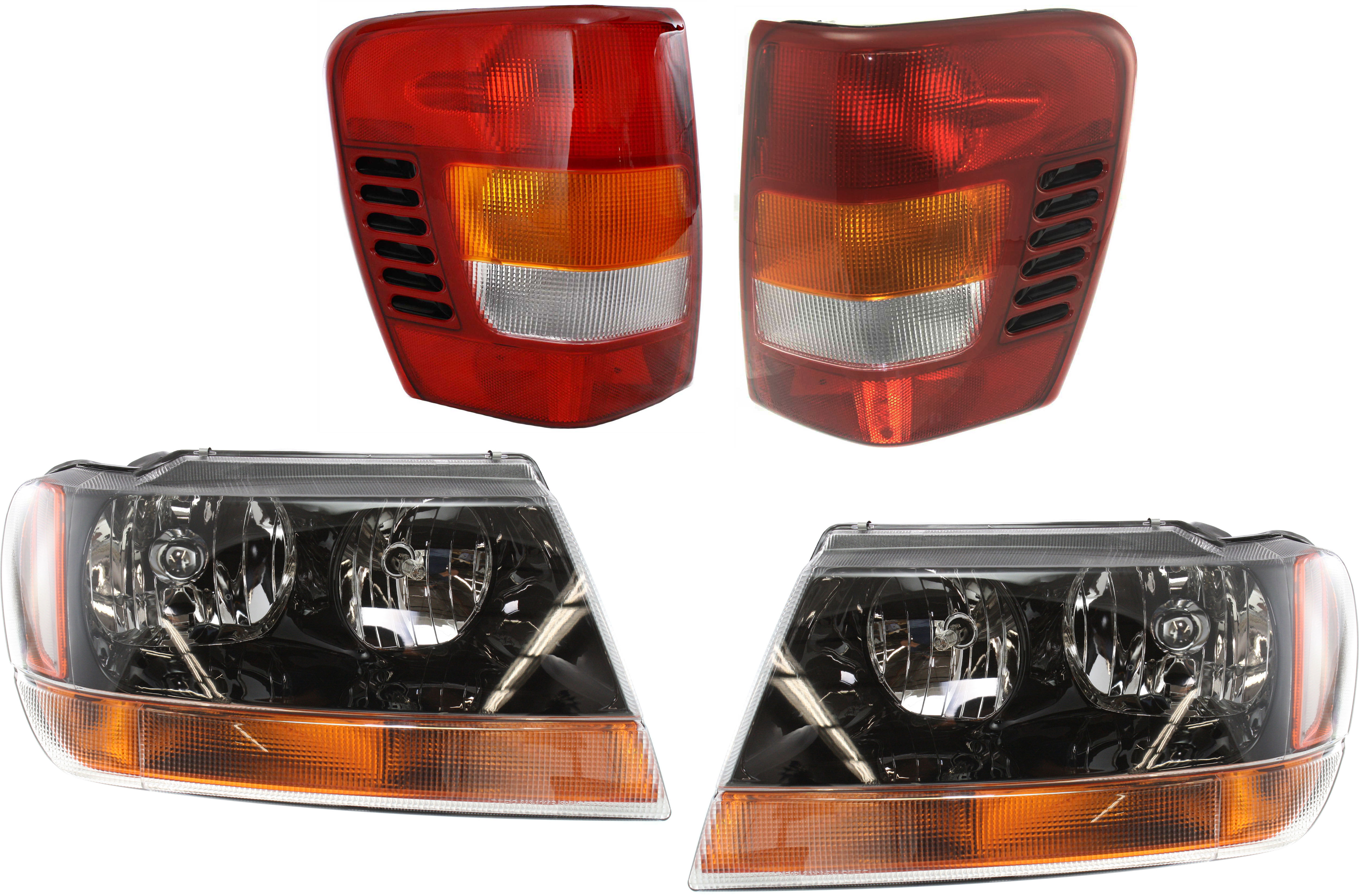 AM GRAND CHEROKEE 99-02 HEAD LAMP RH AND LH Assembly Halogen 4 pc Kit with Tail Lights SKU KIT 053100-42 Partslink CH2502121 CH2503121 CH2818132 CH2819132 OEM 5103400AA 5103401AA 55155138AC