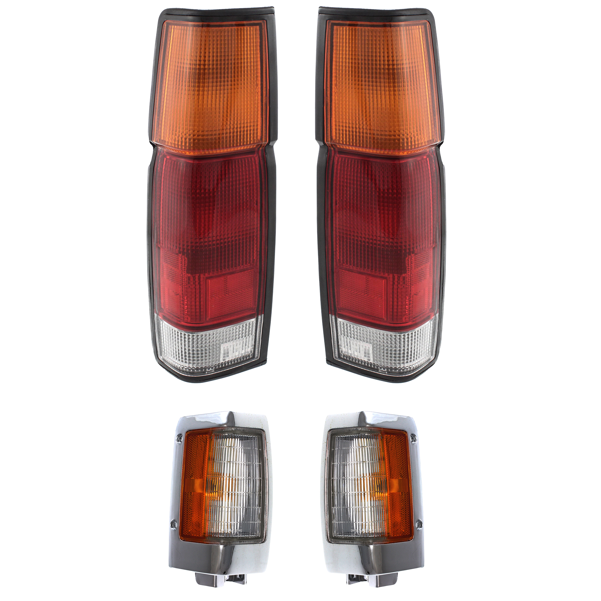 AM D21-90-94 PICKUP 95-97 TAIL LAMP RH AND LH 4 pc Kit with Corner Light SKU KIT 053100-45 Partslink NI2800103 NI2801103 NI2551107 NI2550107 OEM B65553B300 B65503B300 B611088G