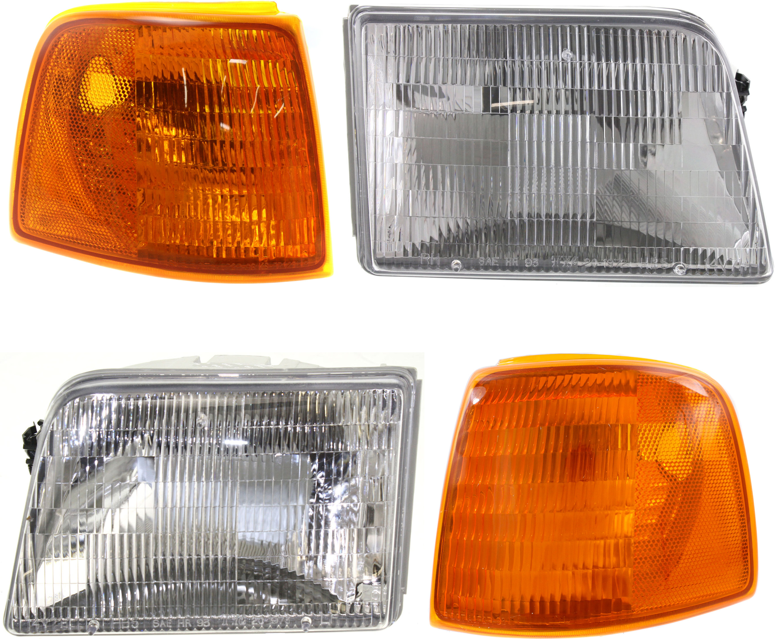 AM RANGER 93-97 HEAD LAMP RH AND LH Assembly Halogen 4 pc Kit with Corner Lights SKU KIT 053100-47 Partslink FO2502119 FO2503115 FO2521116 FO2520118 OEM F37Z13008B F37Z13008A F37Z1320