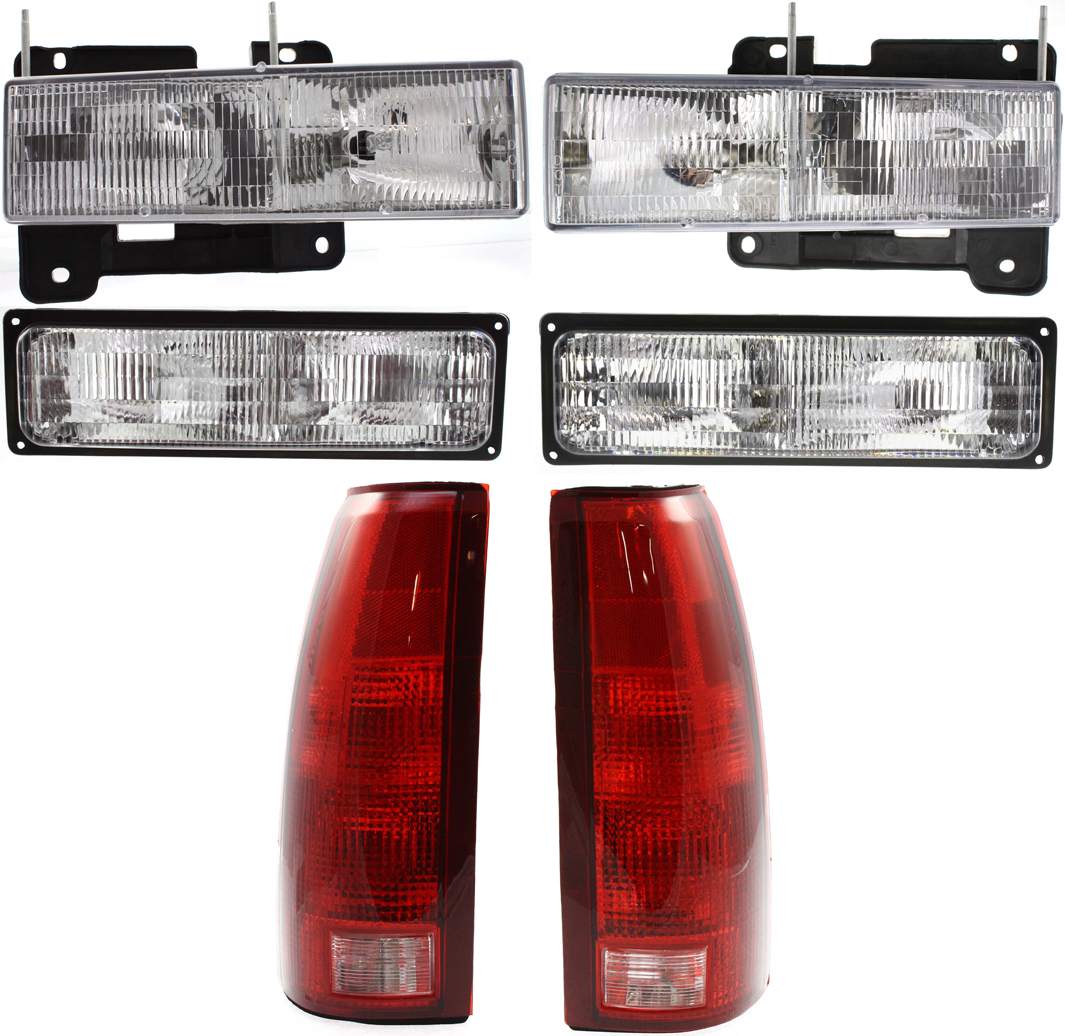 AM C K FULL SIZE PICKUP 94-00 HEAD LAMP RH AND LH Assembly Halogen 6 pc Kit with Tail Lights and Turn Signal Lights SKU KIT 053100-4 Partslink GM2502101 GM2503101 GM2801104 GM2800104 GM2521128 GM2520128 OEM 15034929-15034930-5977868-5977