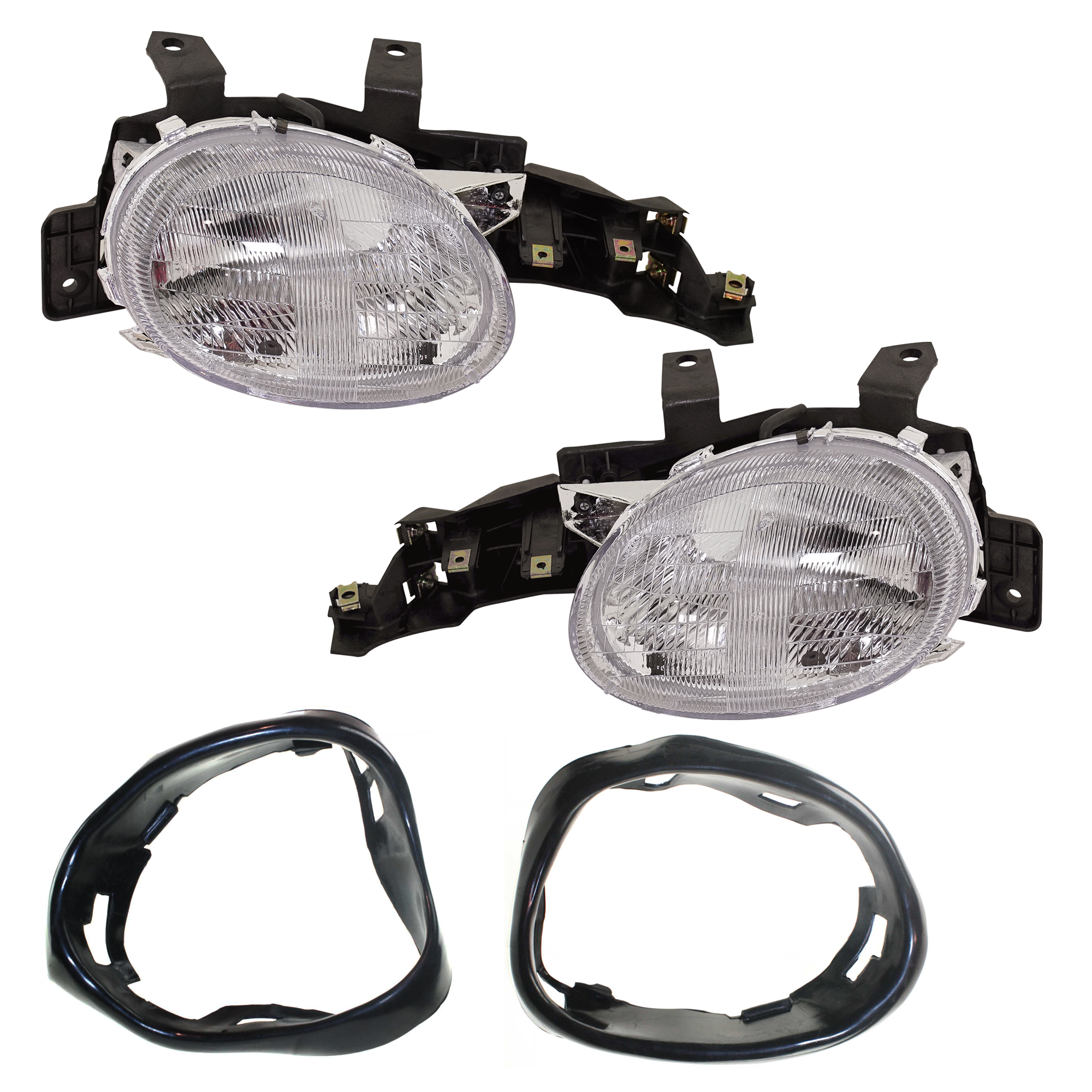 AM NEON 95-99 HEAD LAMP RH AND LH without Bulbs Halogen 4 pc Kit with Headlight Bezels SKU KIT 053100-57 Partslink CH2515104 CH2514104 OEM 4761449AB PFM 4761448AB PFM 52