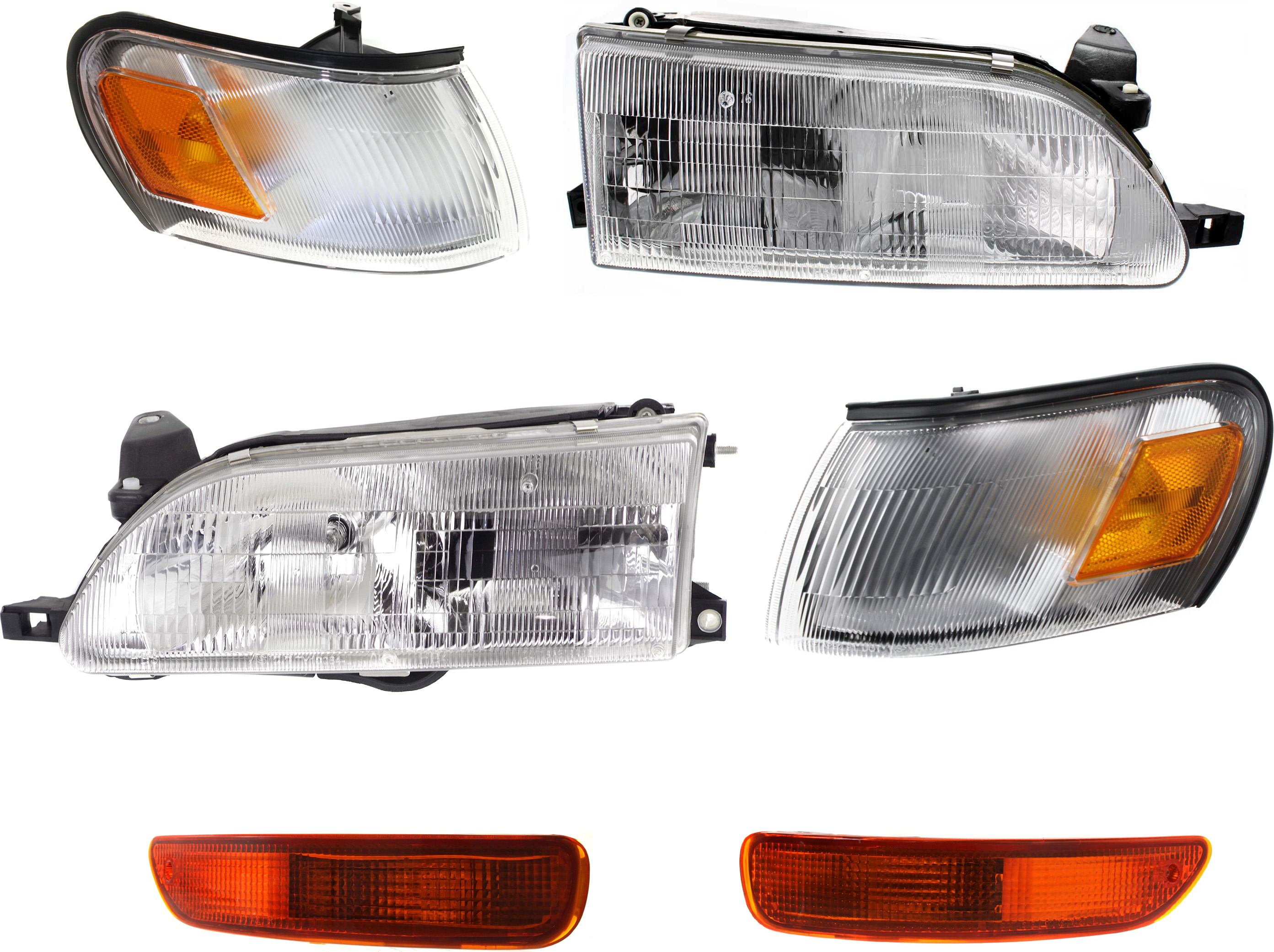 AM COROLLA 93-97 HEAD LAMP RH AND LH Assembly Halogen 6 pc Kit with Corner Lights and Turn Signal Lights SKU KIT 053100-5 Partslink TO2502107 TO2503107 TO2551106 TO2550106 TO2531103 TO2530103 OEM 811501A491-811101E221-81610126